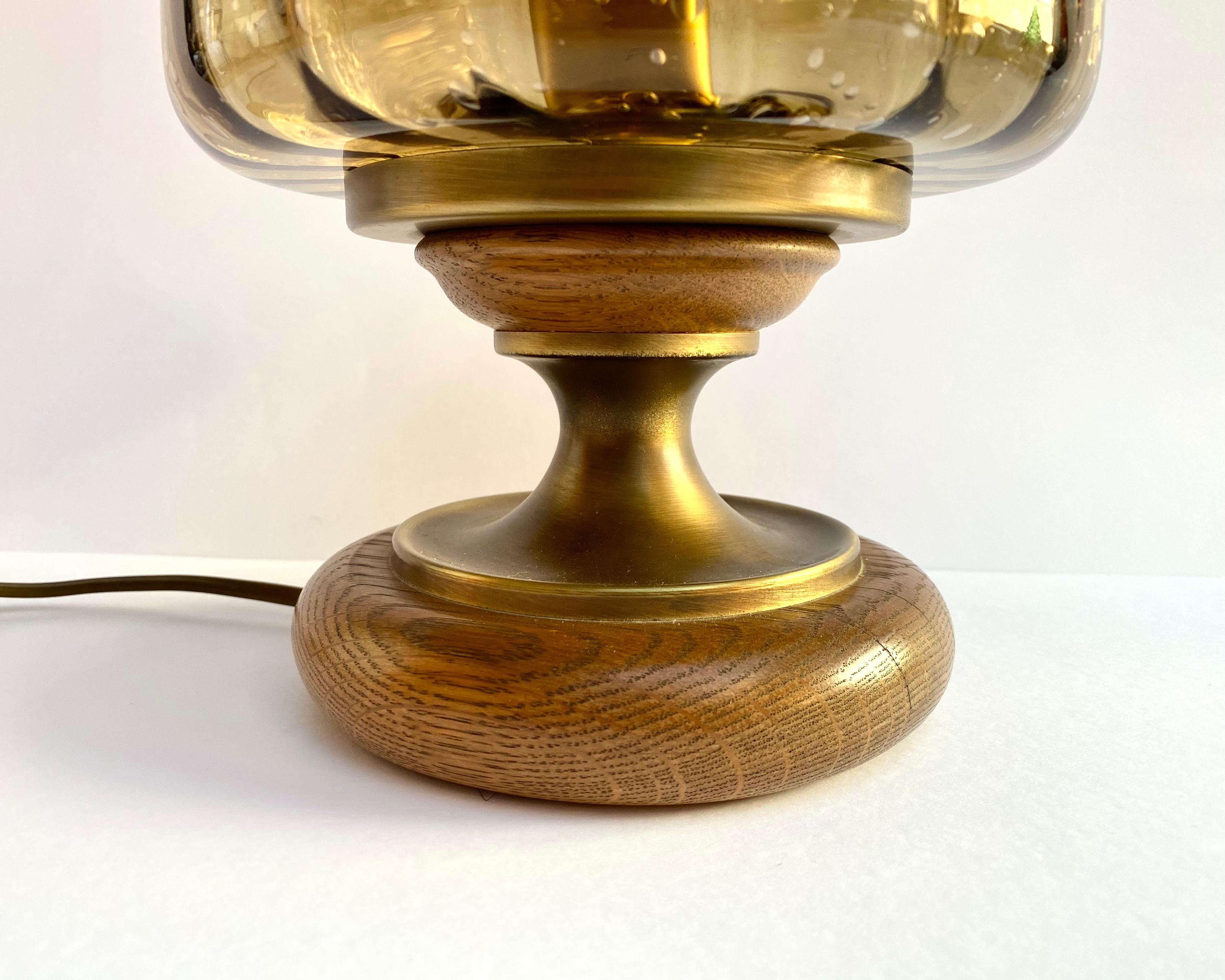 Table Lamp Vintage Art Glass Shade Brass and Wood Art Deco Style Germany 1970s 2