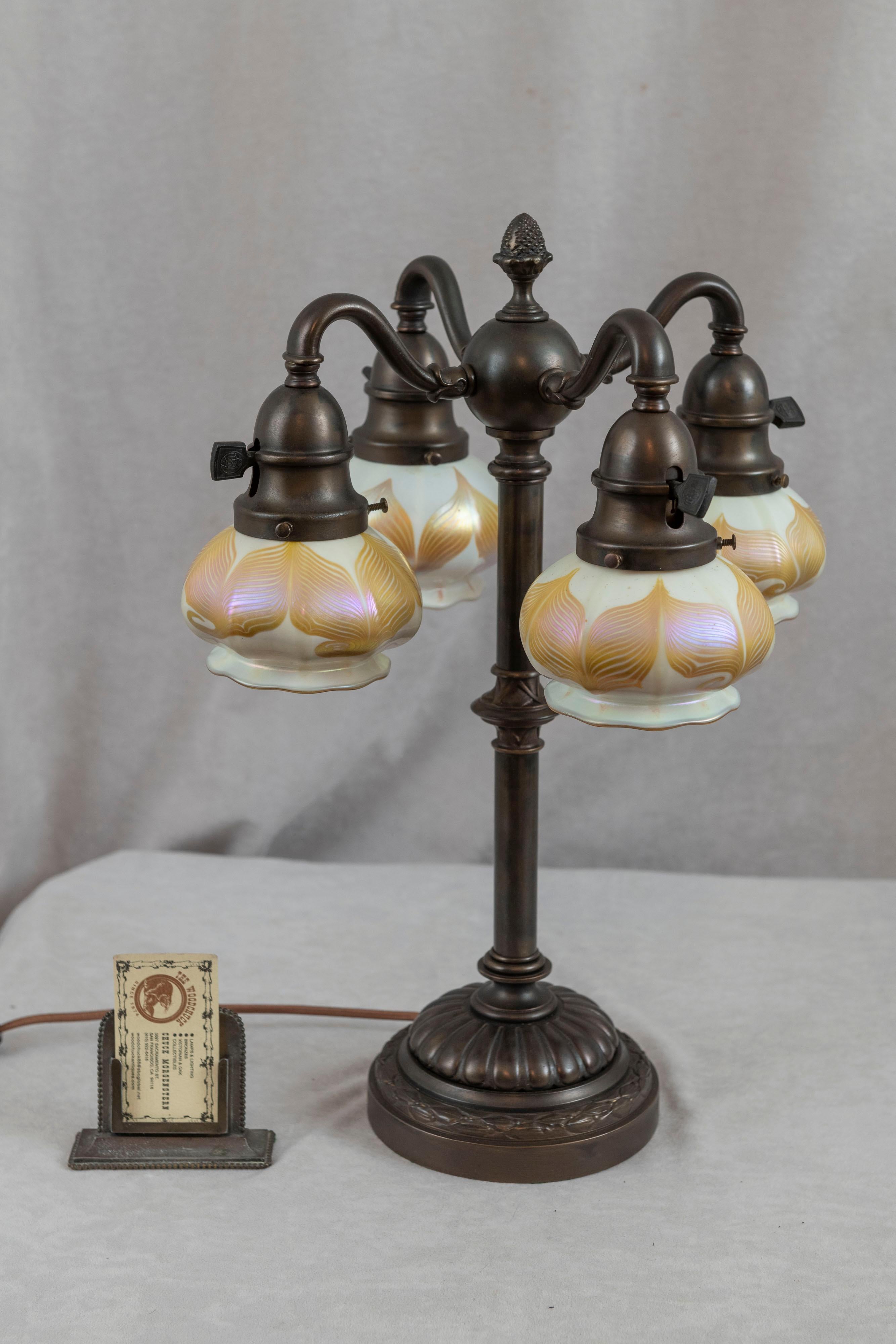 Table Lamp w/ 4 Signed Hooked Feather Quezal Art Glass Shades, Arts & Crafts 1