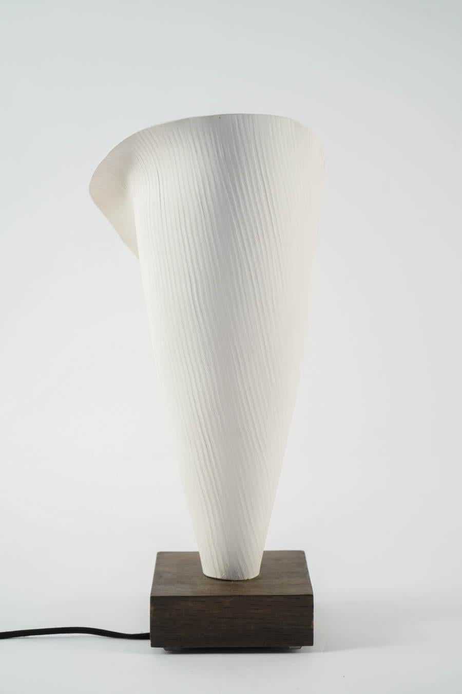 Contemporary Table Lamp, White Ceramic Lamp Made by Hand Mounted on Solid Oak, Art Modern