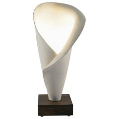Table Lamp, White Ceramic Lamp Made by Hand Mounted on Solid Oak, Art Modern