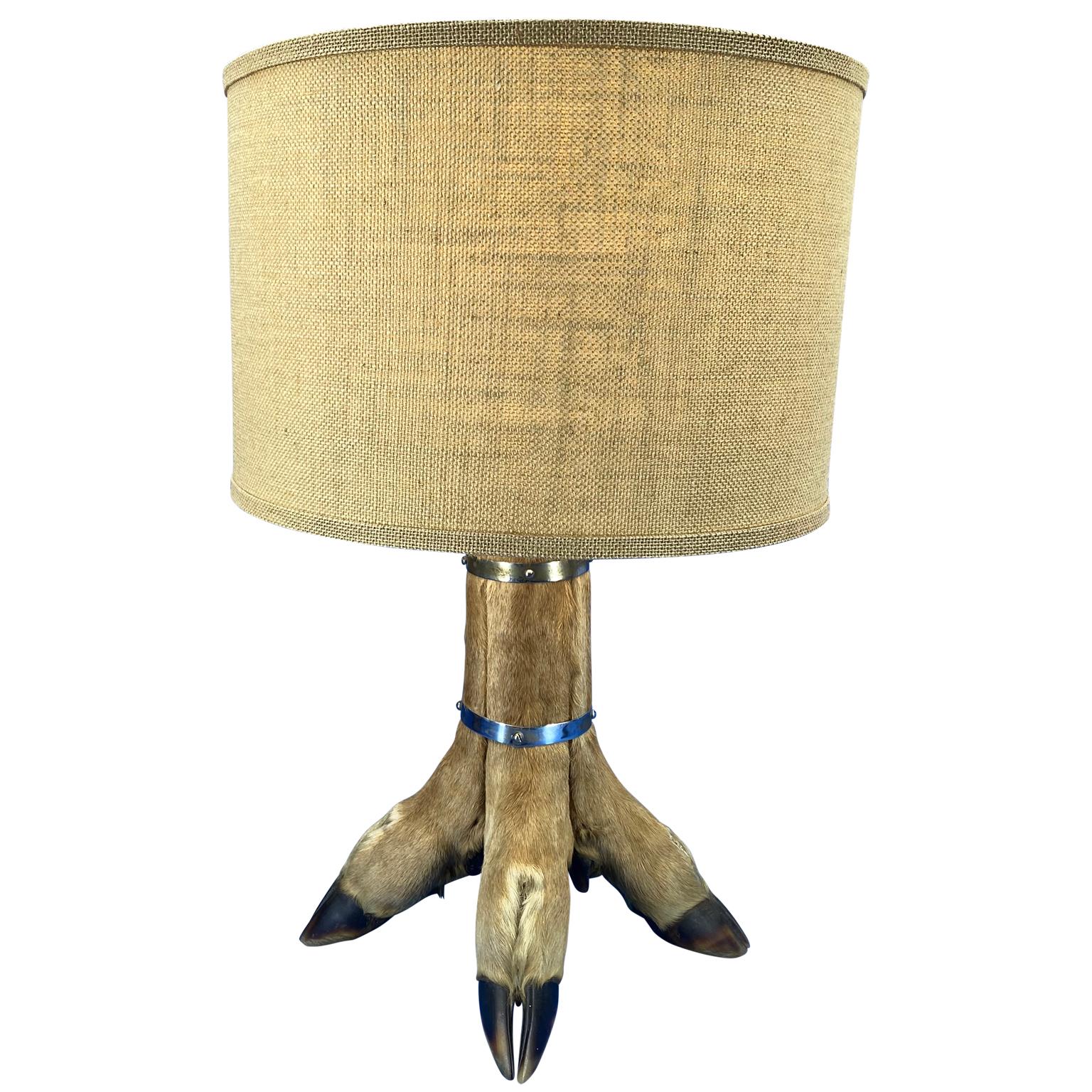 Folk Art Table Lamp With 4 Tier Deer Hoof With Nickel Bands And Antler Finial For Sale