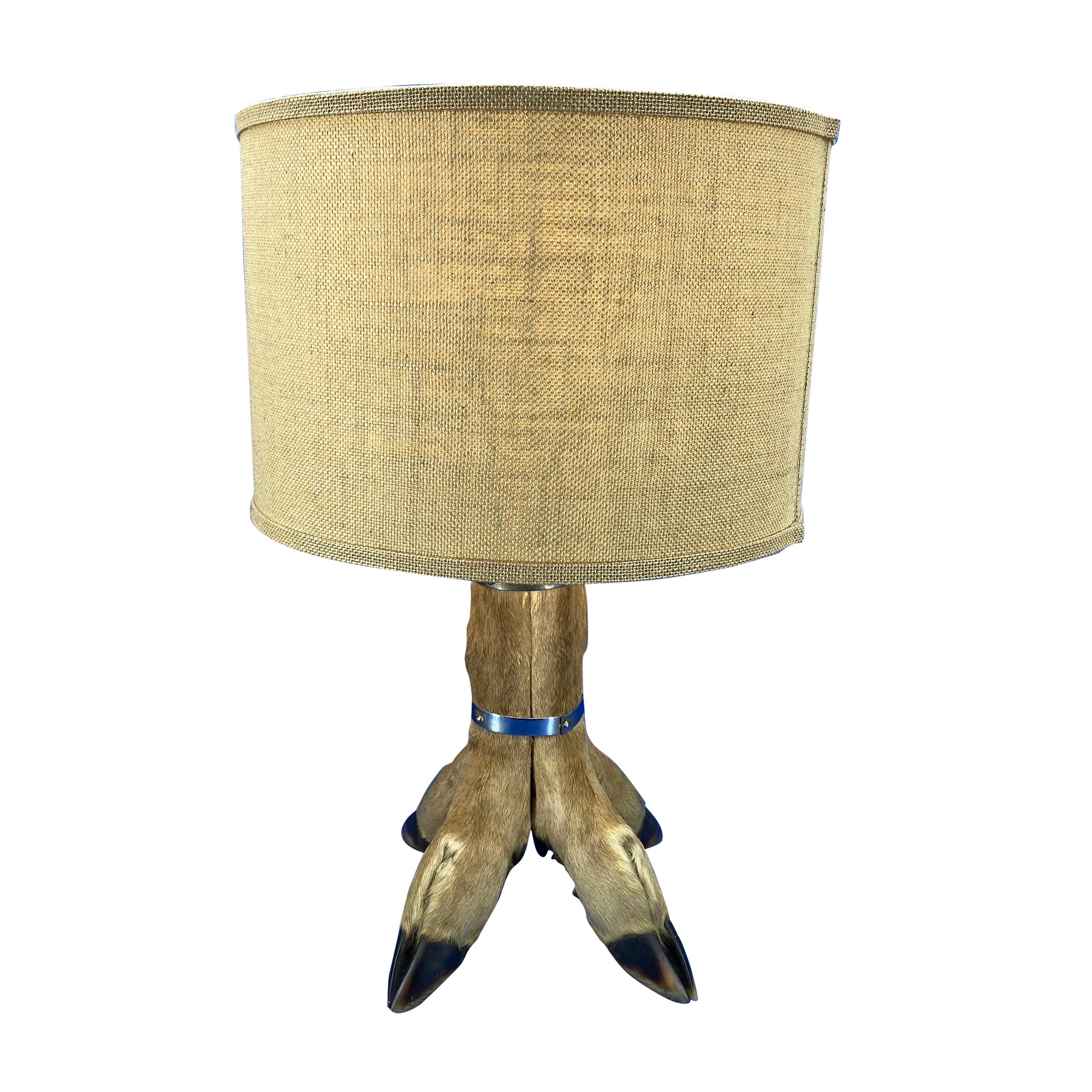 Table Lamp With 4 Tier Deer Hoof With Nickel Bands And Antler Finial For Sale