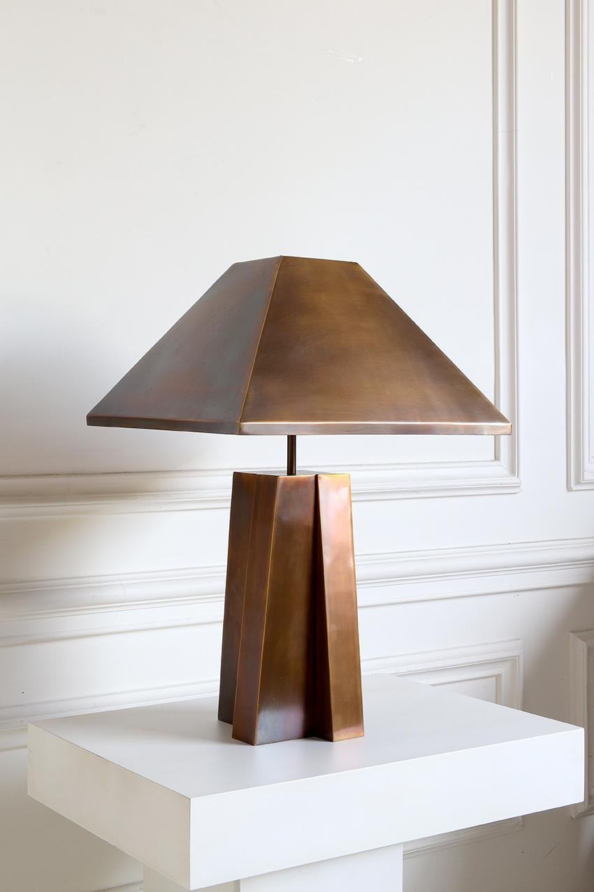 Brutalist Table Lamp with Antique Brass Shade For Sale