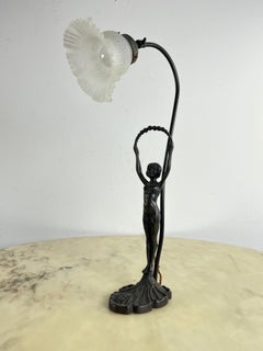 Table Lamp With Art Deco Bronze Statuette And White Art Glass Tulip Bowl 1940s