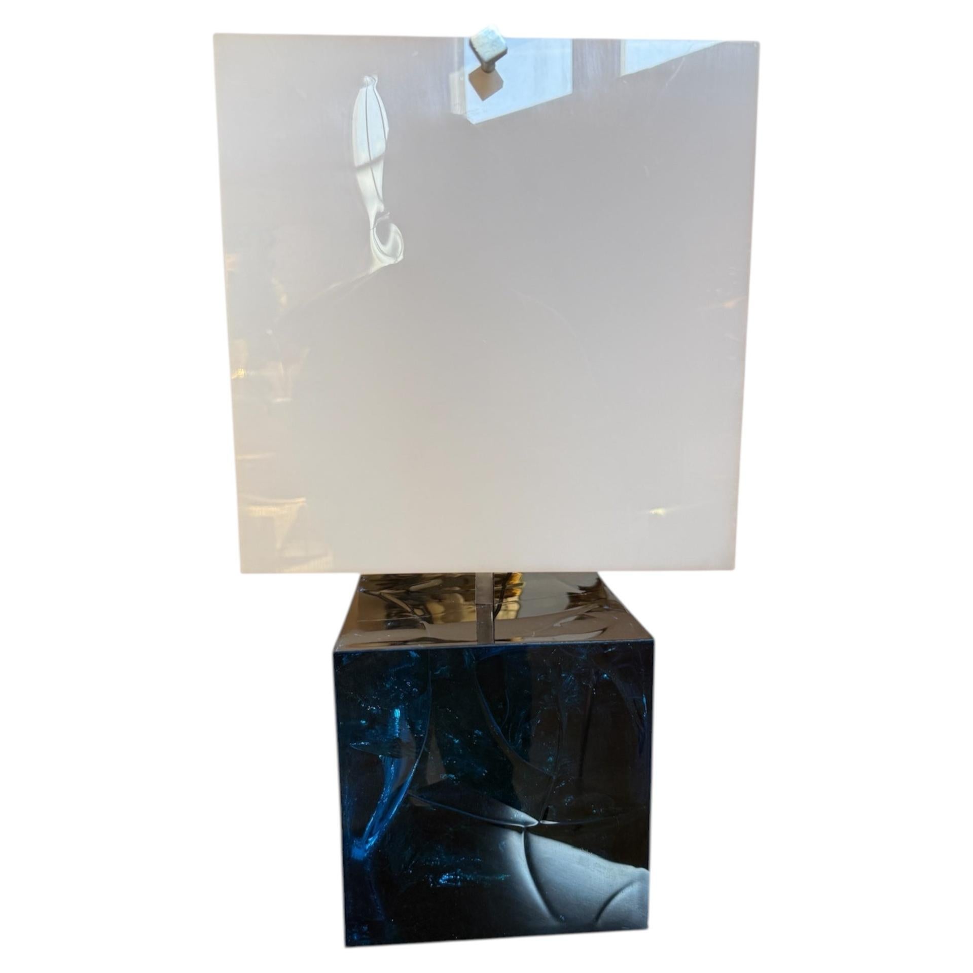 Italian Modern Table Lamp with Blue Plexiglass Base and White Shade, 1970s For Sale