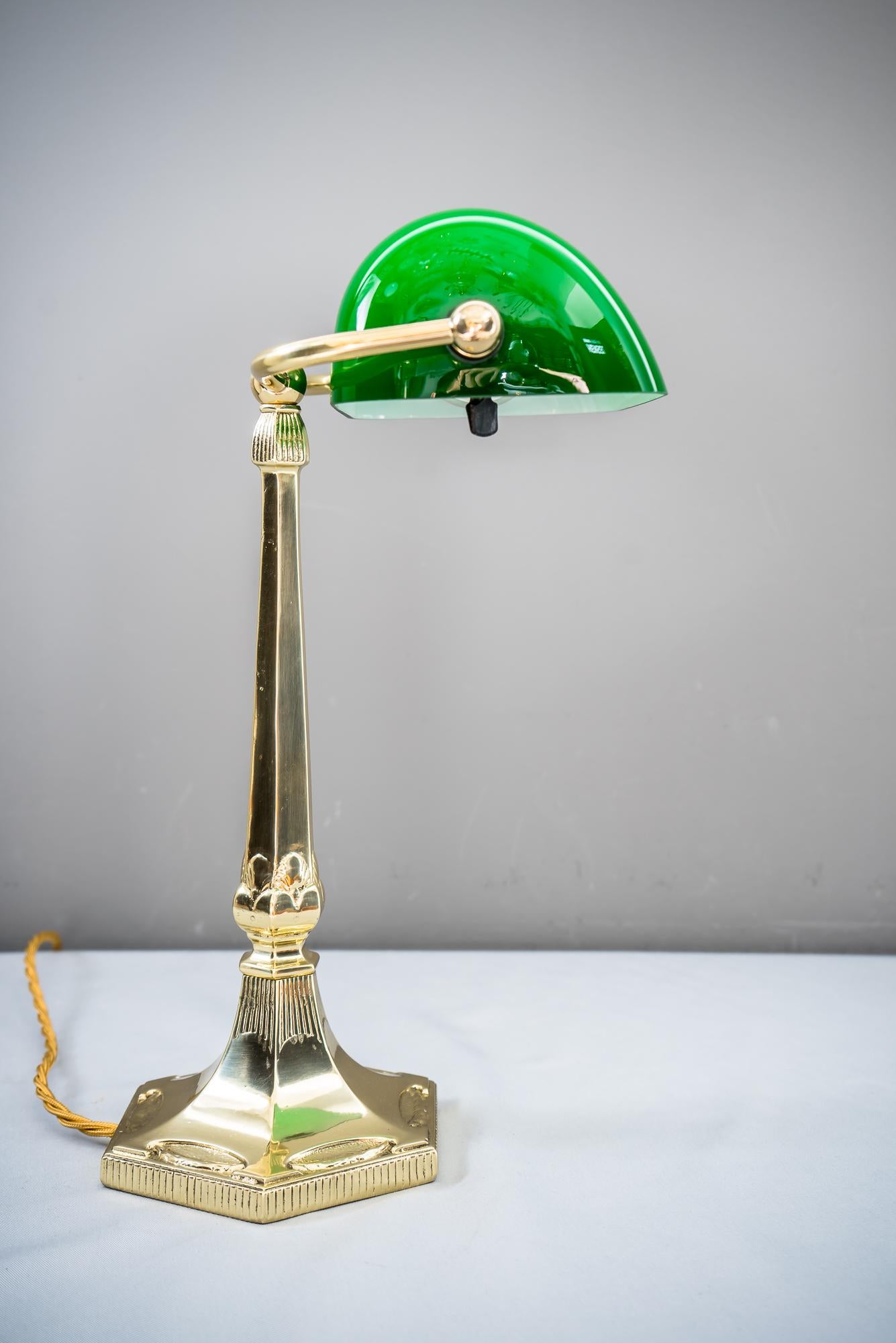 Polished Table Lamp with Green Glass in the Style of Jugendstil