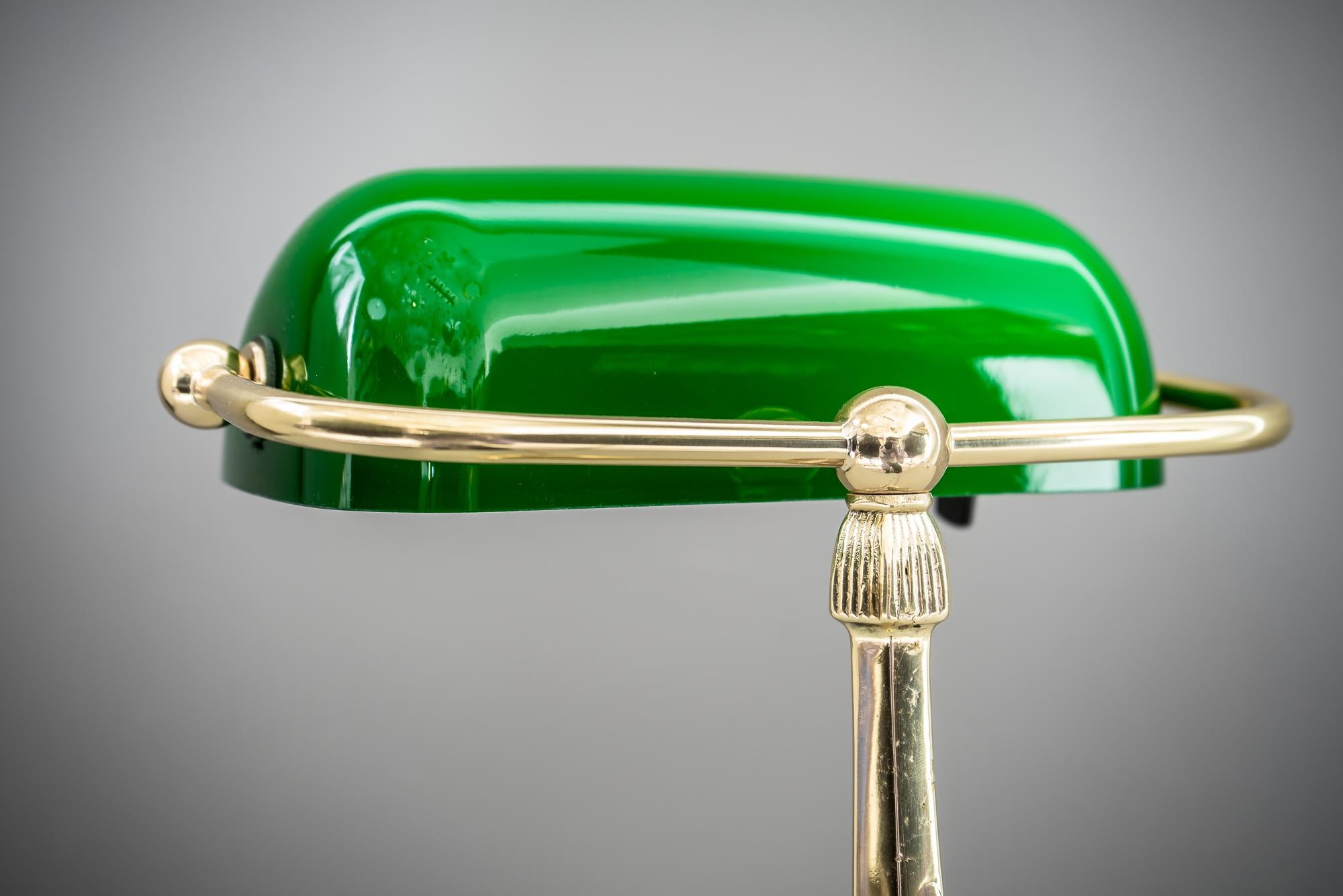 Brass Table Lamp with Green Glass in the Style of Jugendstil