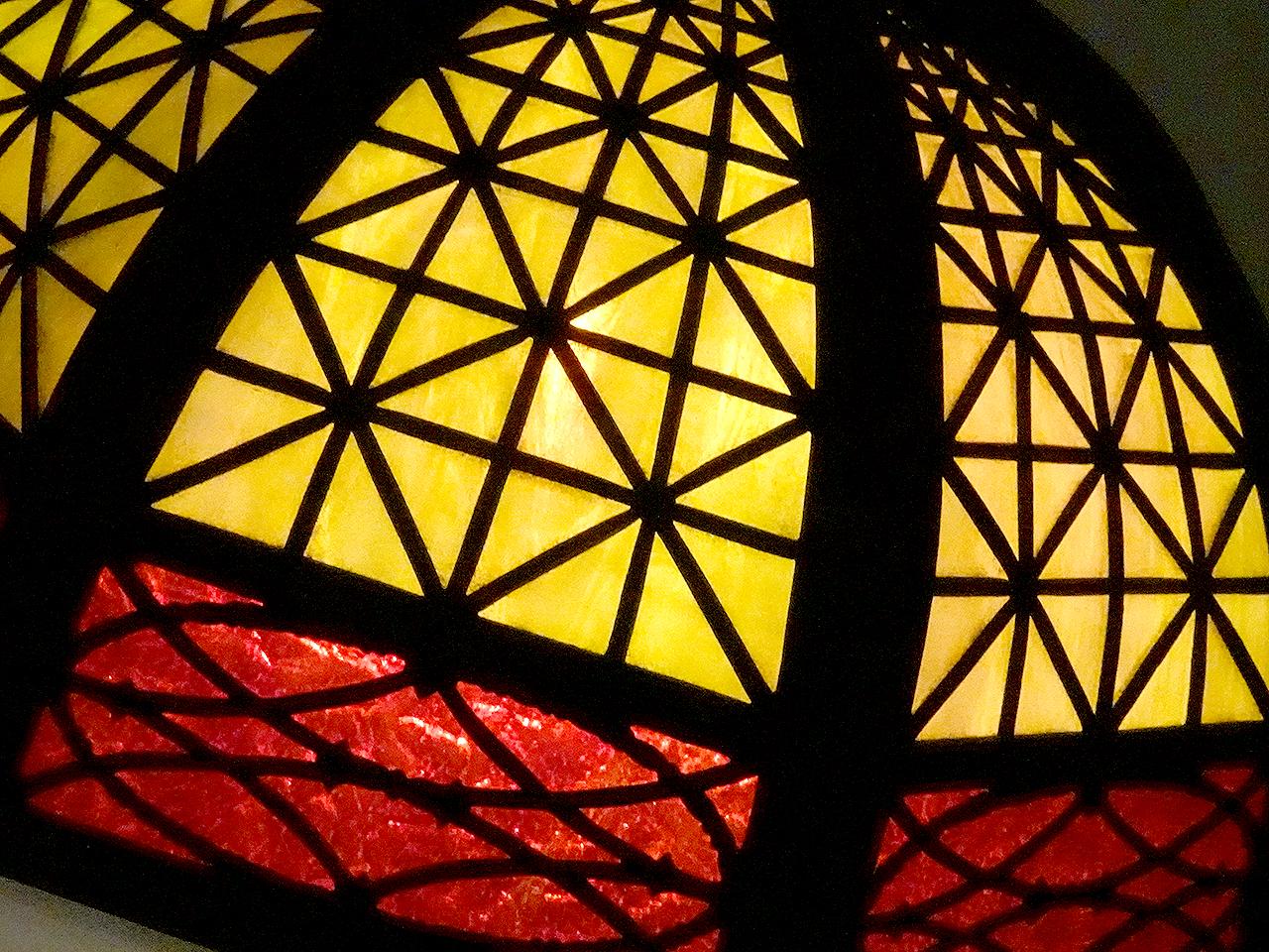 American Table Lamp with Heavy Latticework Filigree and Red/Amber Glass For Sale