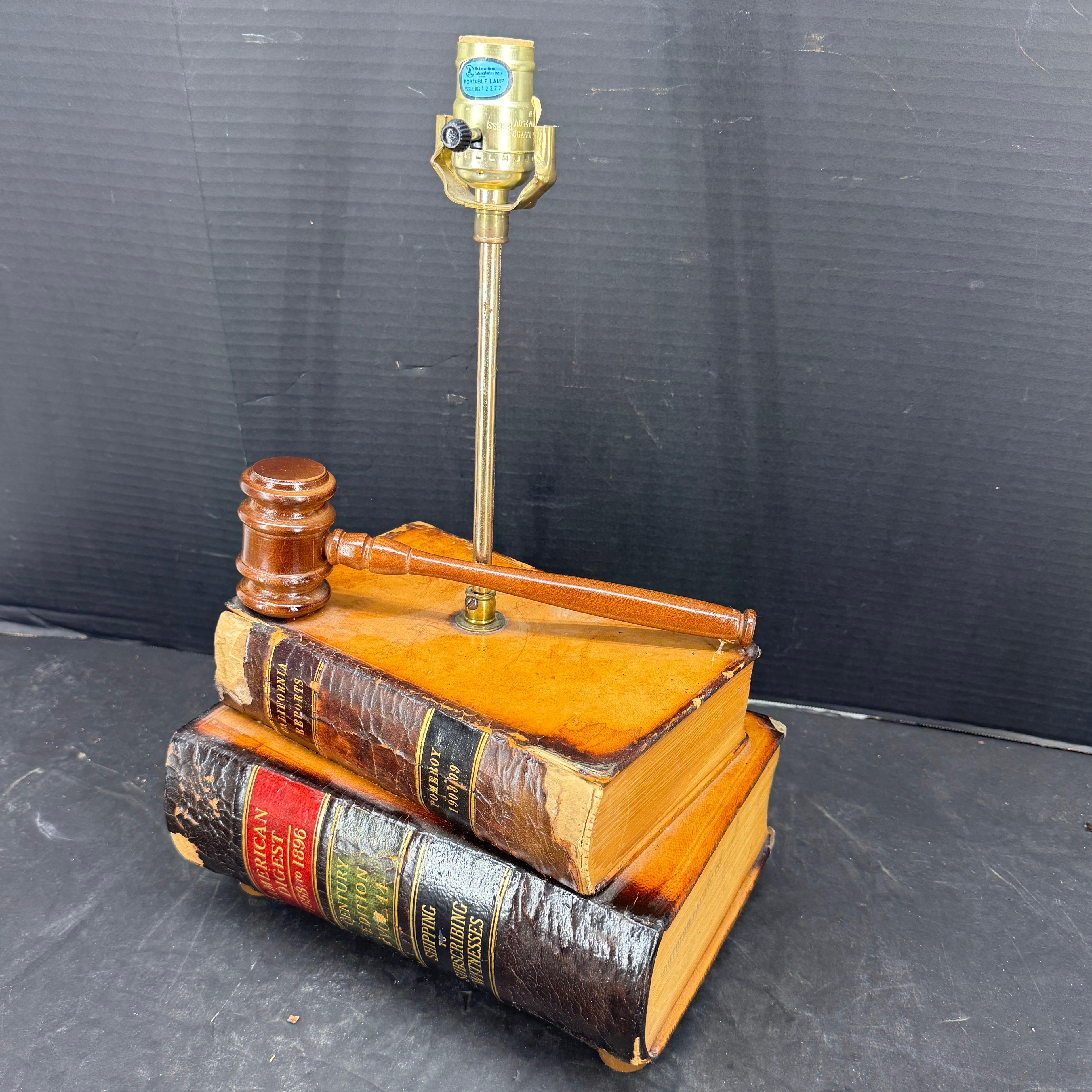 Chesterfield Table Lamp with Leather Books and Judge Gavel For Sale