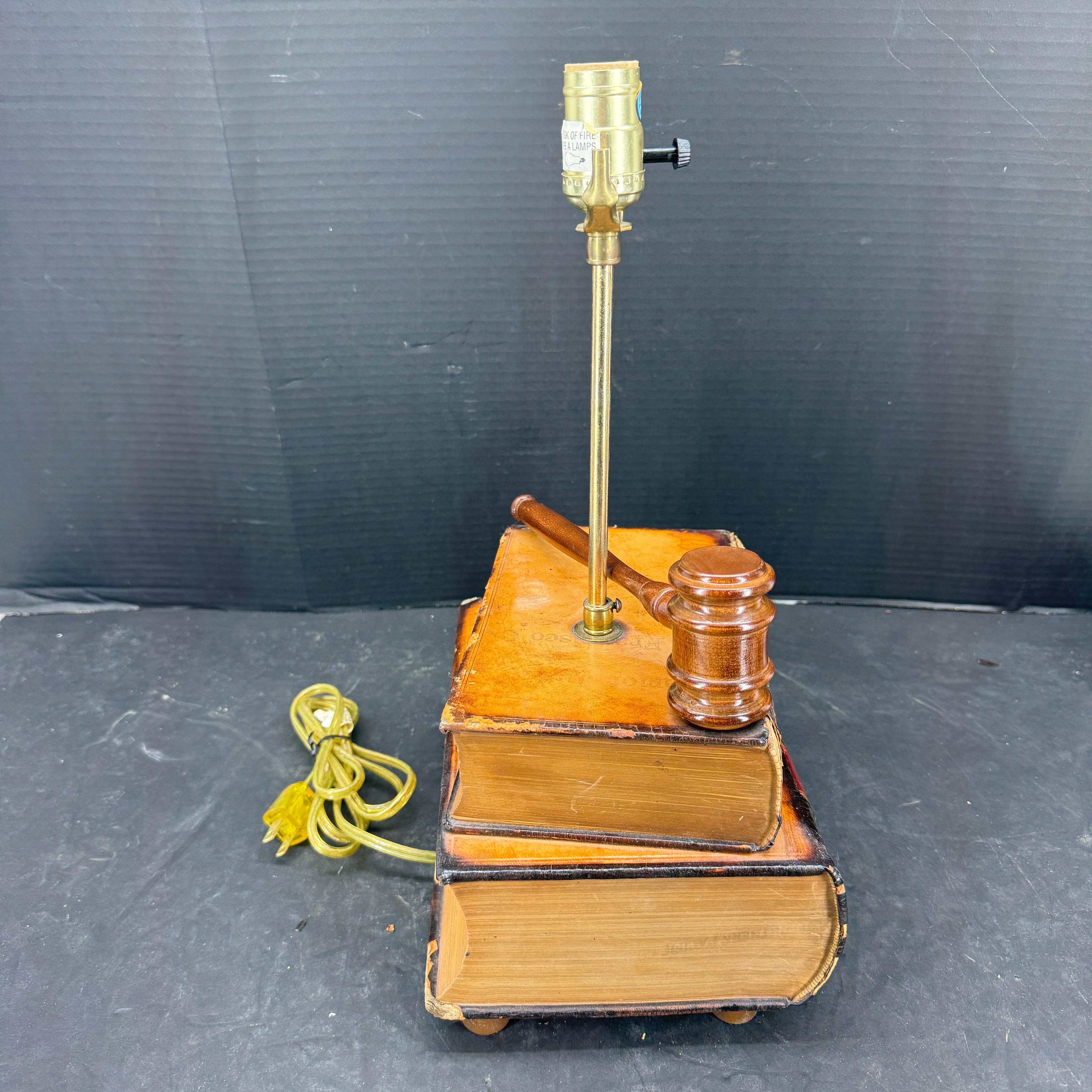 European Table Lamp with Leather Books and Judge Gavel For Sale