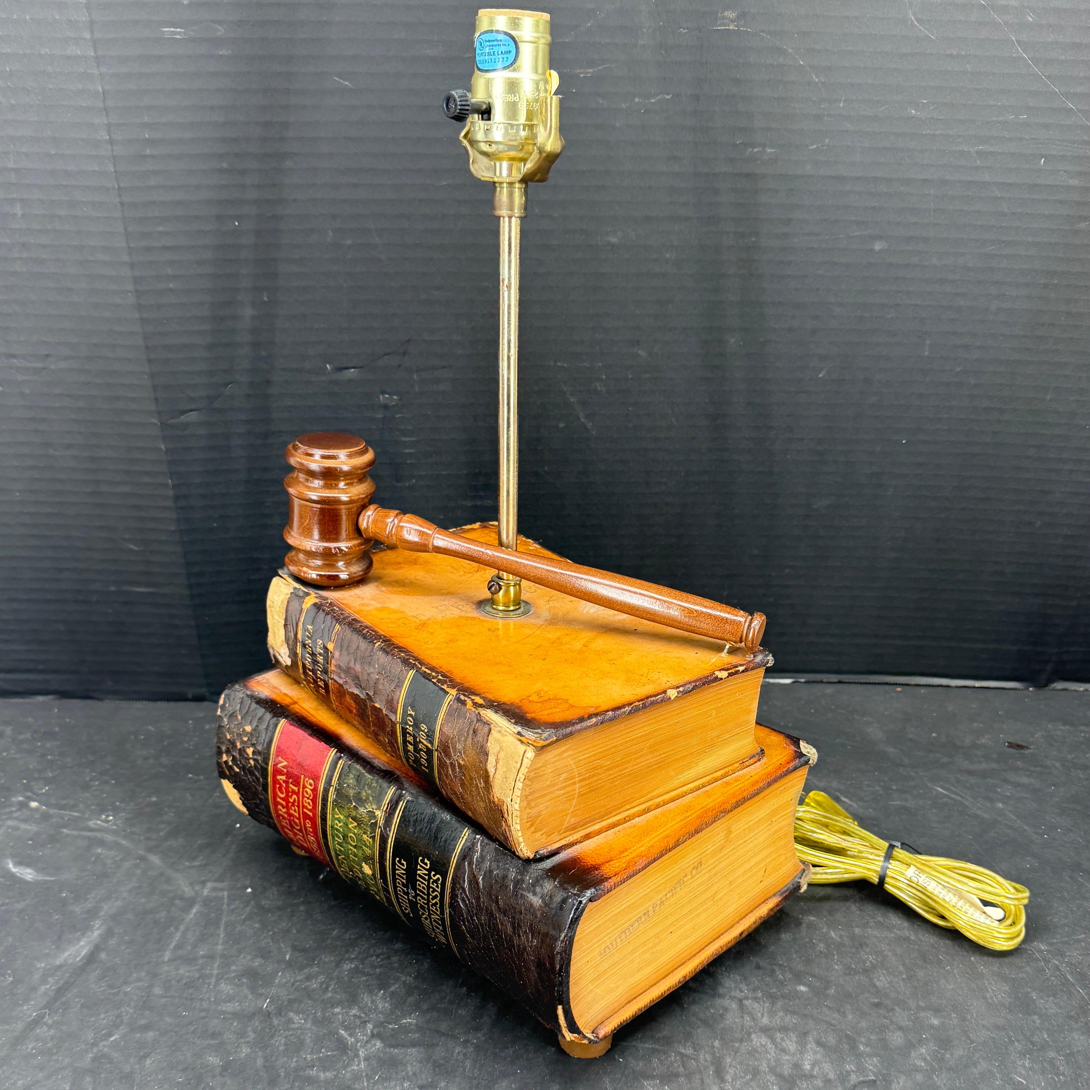 20th Century Table Lamp with Leather Books and Judge Gavel For Sale