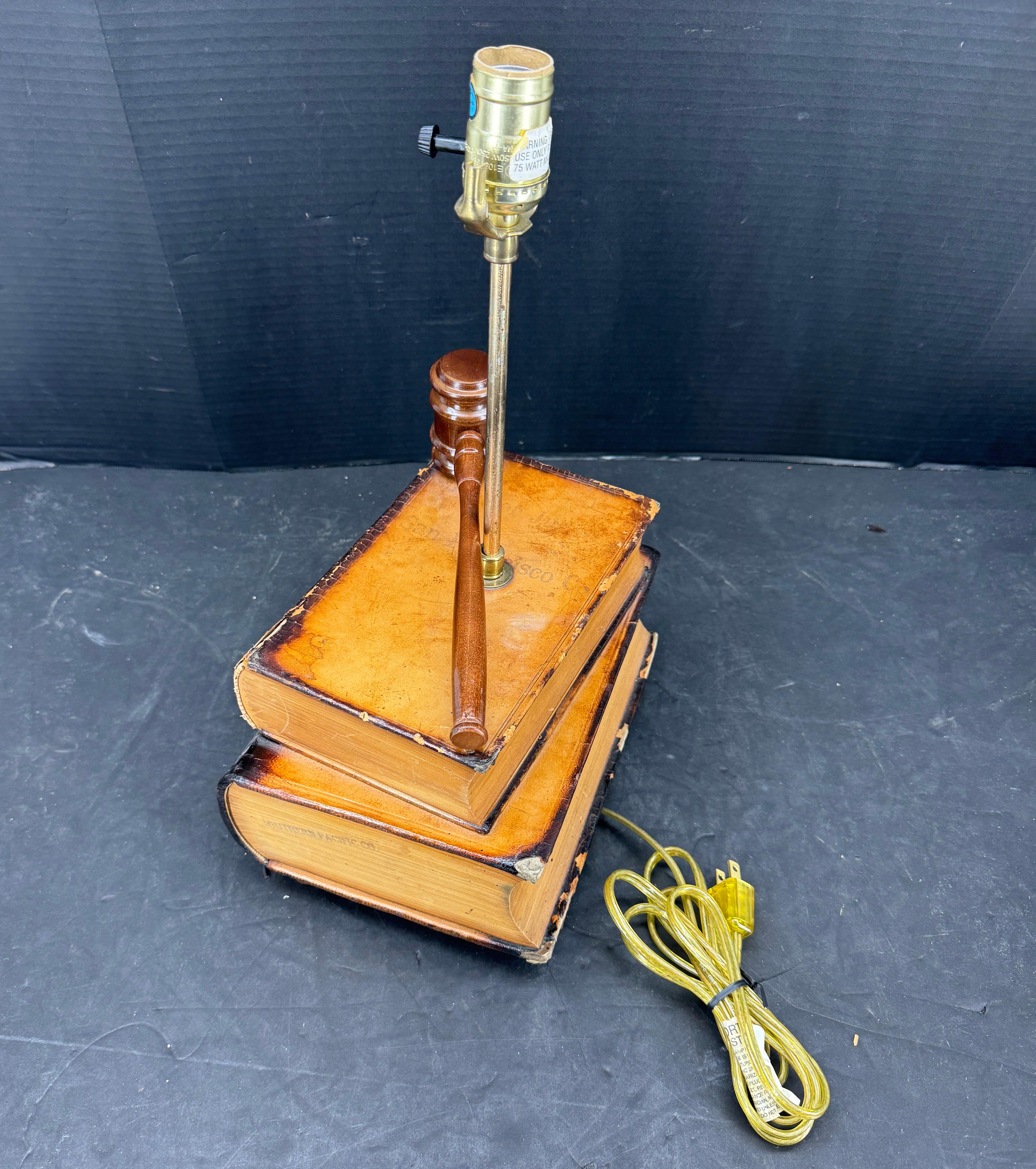 Metal Table Lamp with Leather Books and Judge Gavel For Sale