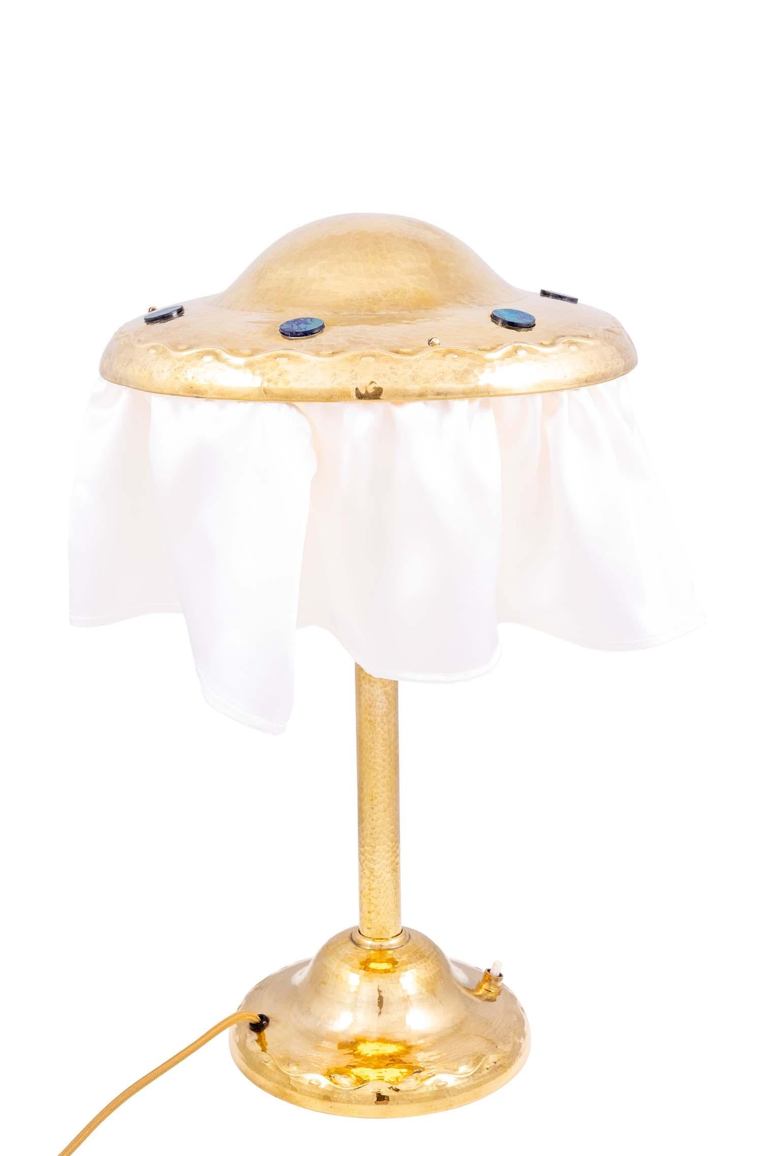 Table Lamp with Loetz Glass School of Josef Hoffmann circa 1907 Chased Brass For Sale 4