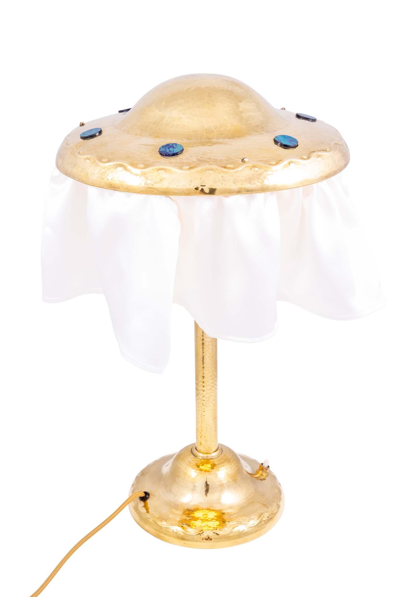 Table Lamp with Loetz Glass School of Josef Hoffmann circa 1907 Chased Brass For Sale 1
