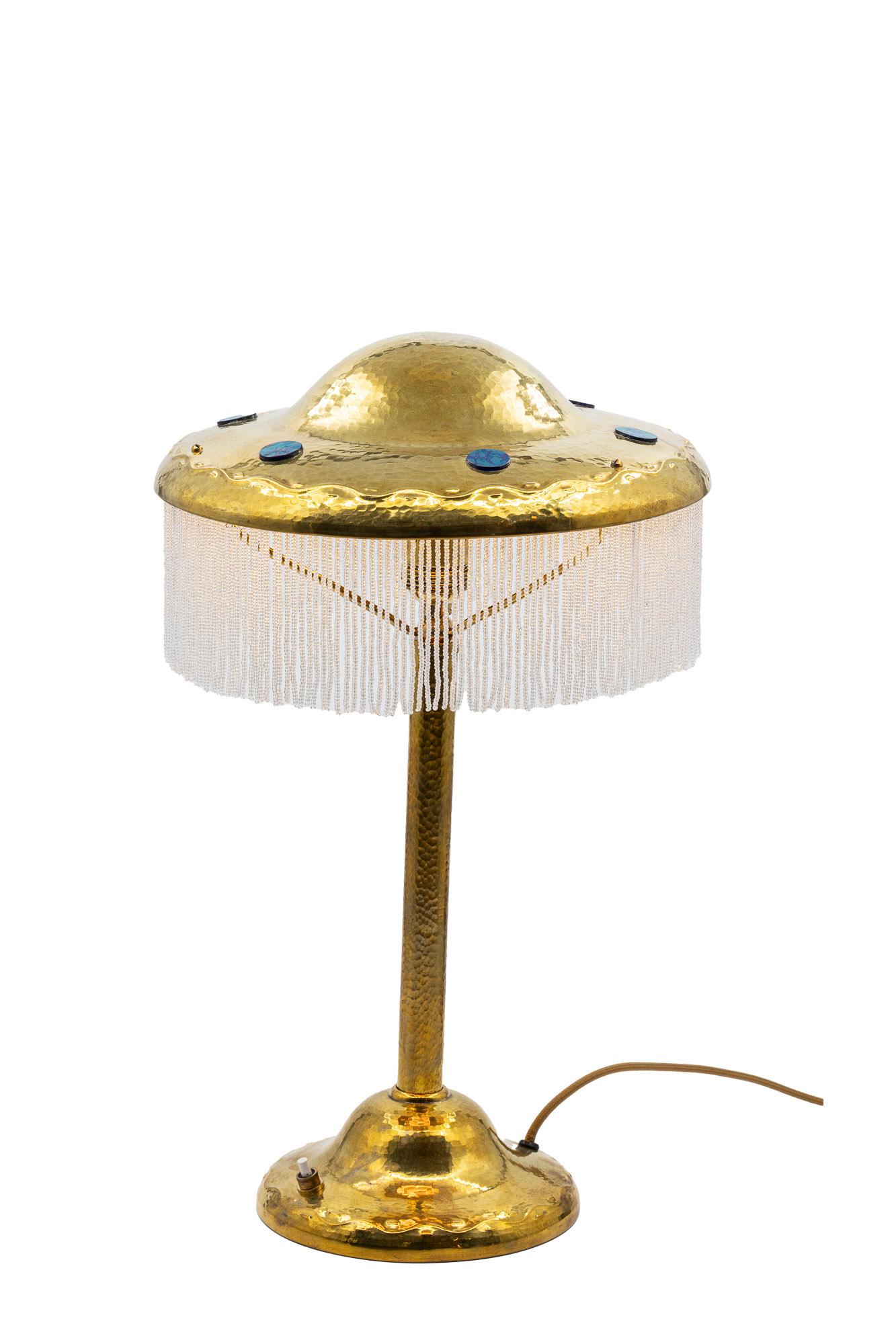 Table Lamp with Loetz Glass School of Josef Hoffmann circa 1907 Chased Brass For Sale 2