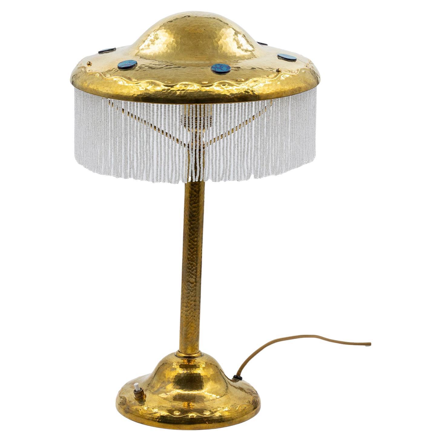 Table Lamp with Loetz Glass School of Josef Hoffmann circa 1907 Chased Brass For Sale