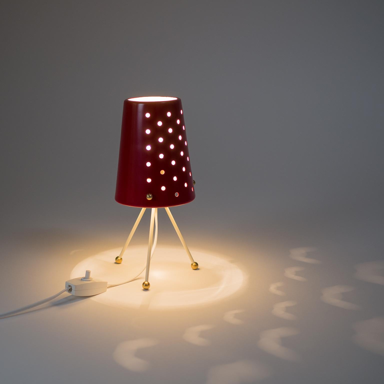 Mid-20th Century Table Lamp with Pierced Red Shade and Brass Details, 1950s