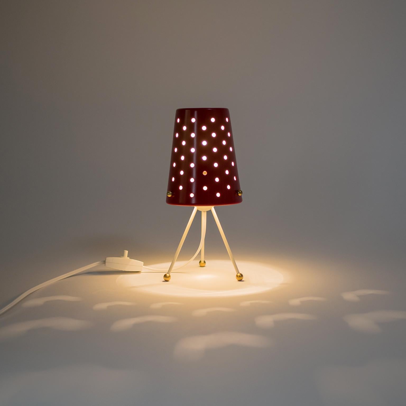 Aluminum Table Lamp with Pierced Red Shade and Brass Details, 1950s