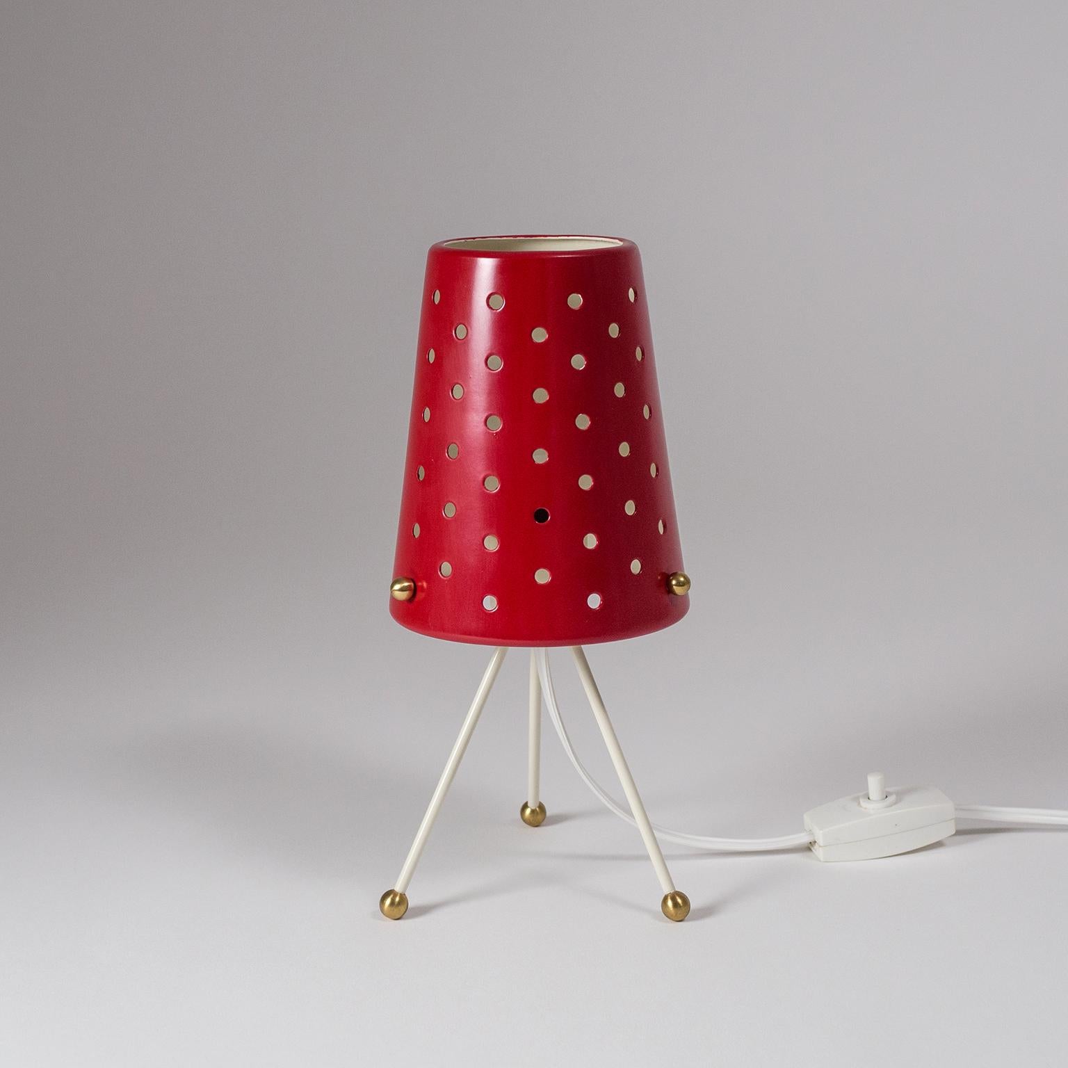 Mid-Century Modern Table Lamp with Pierced Red Shade and Brass Details, 1950s