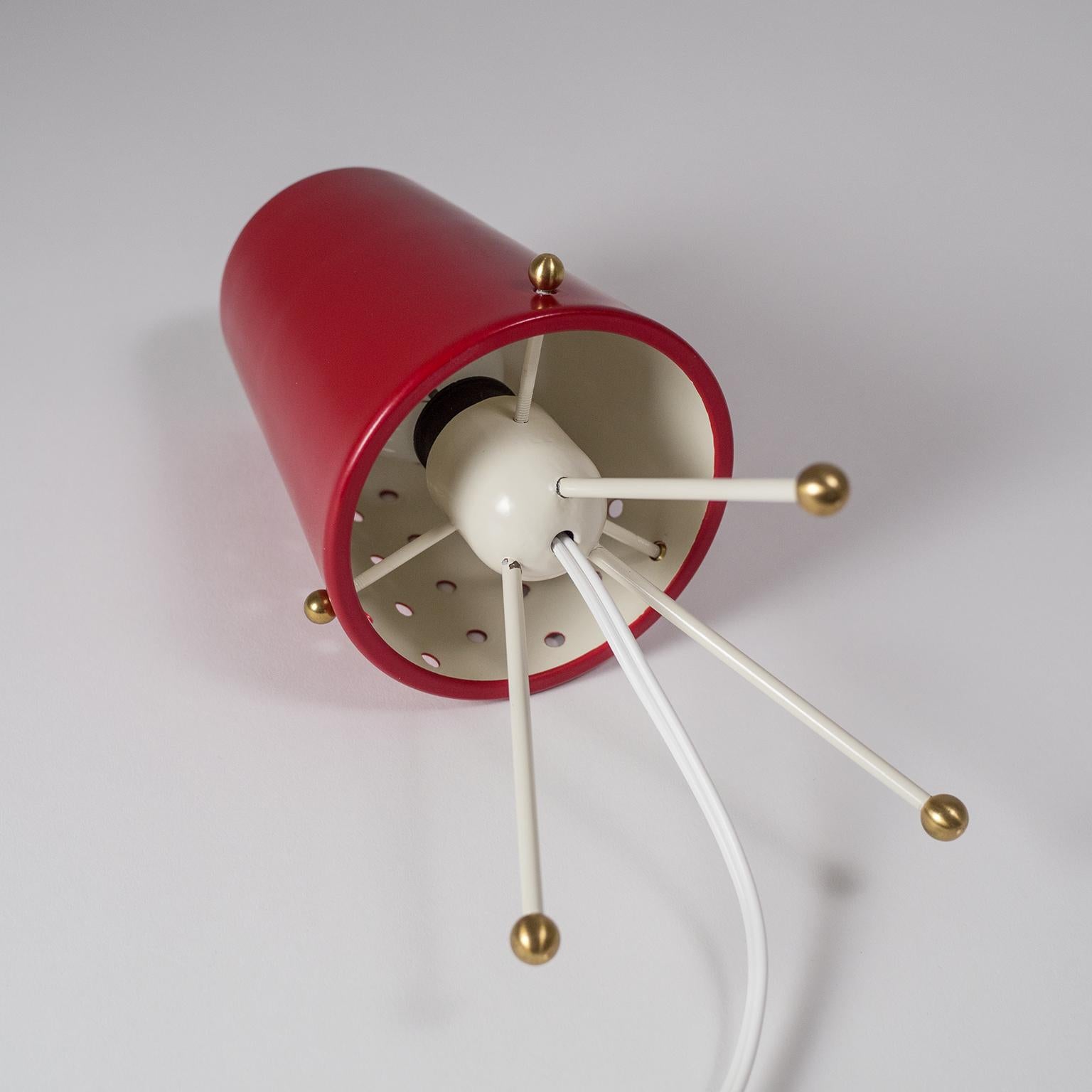 European Table Lamp with Pierced Red Shade and Brass Details, 1950s