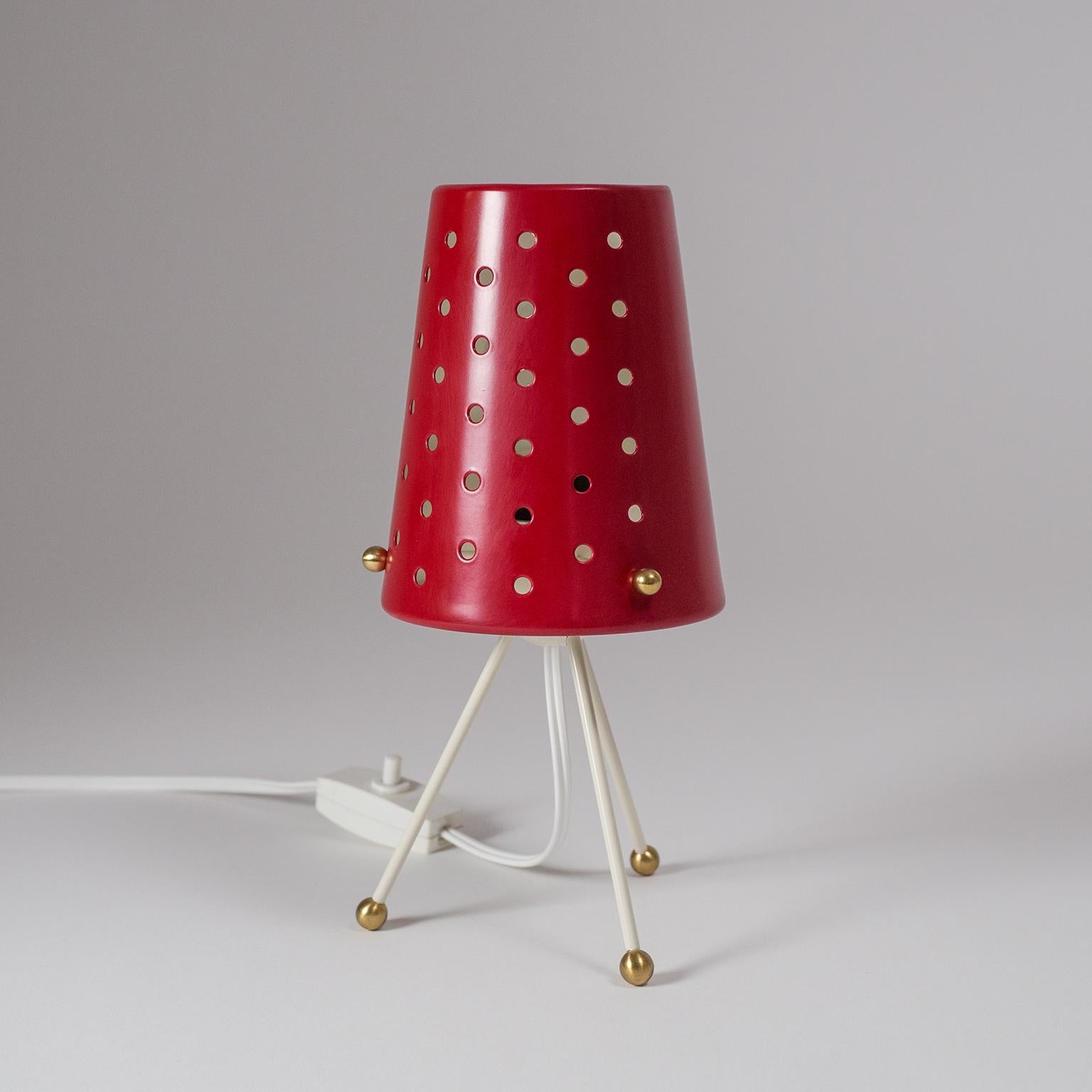 Lacquered Table Lamp with Pierced Red Shade and Brass Details, 1950s