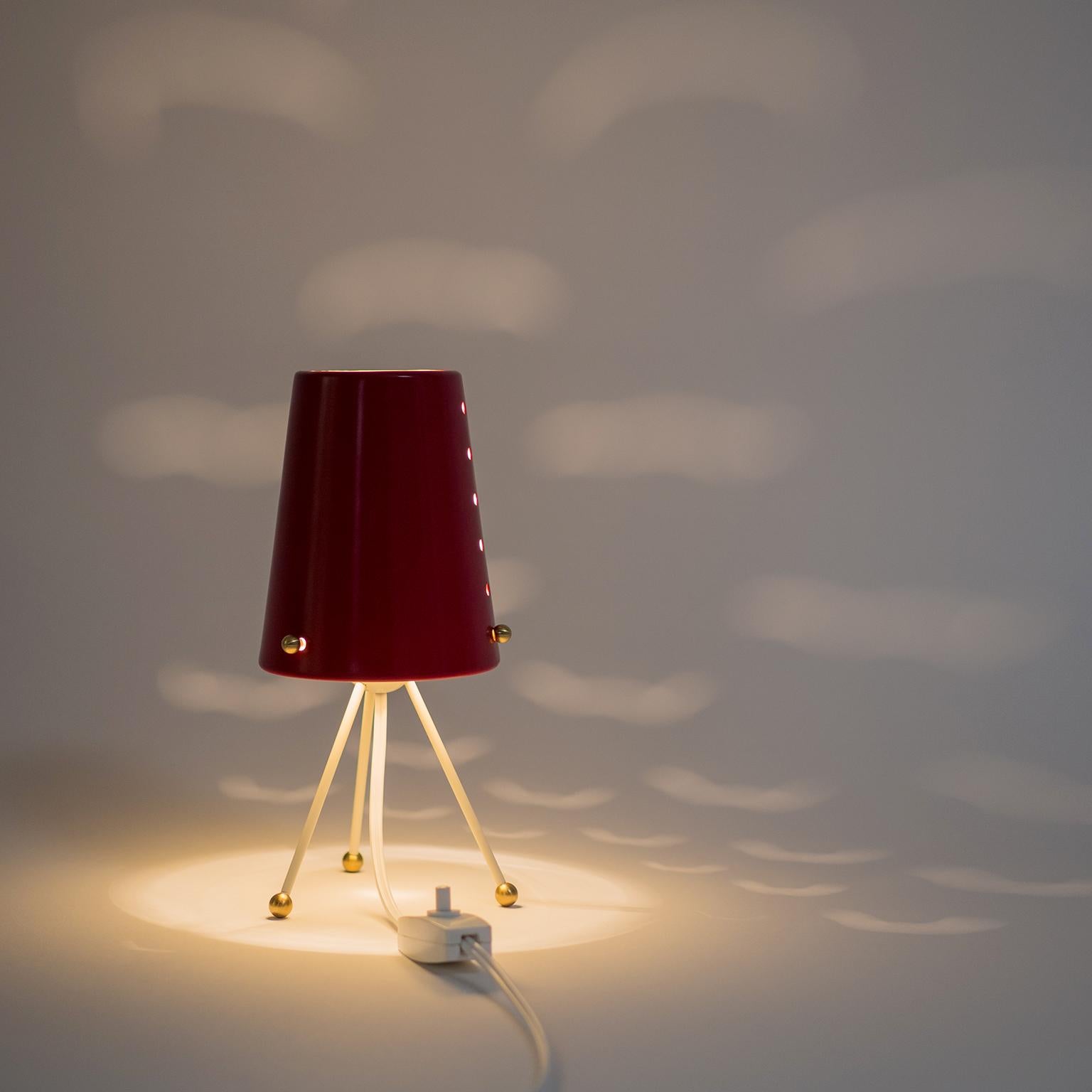 Table Lamp with Pierced Red Shade and Brass Details, 1950s In Good Condition In Vienna, AT