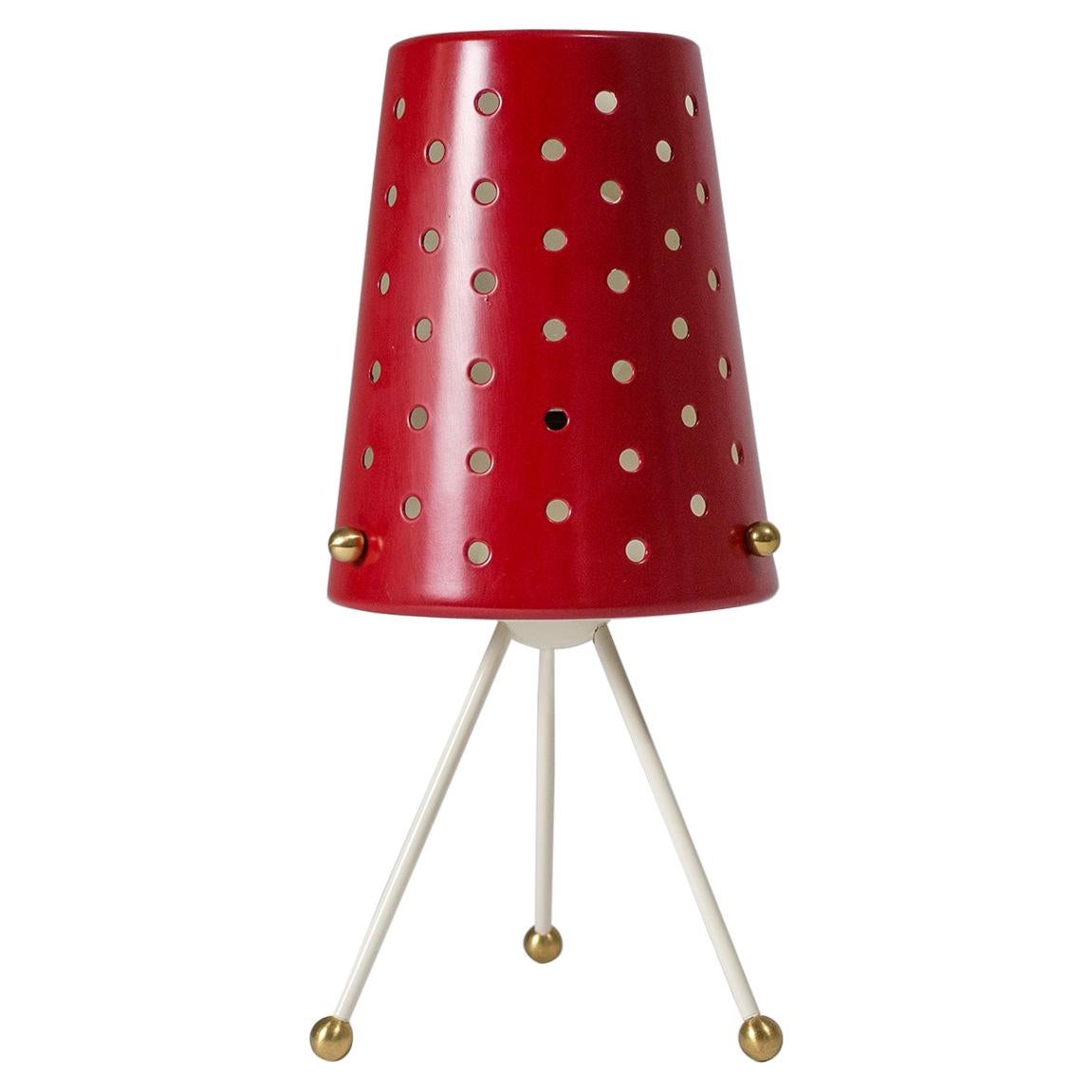 Table Lamp with Pierced Red Shade and Brass Details, 1950s