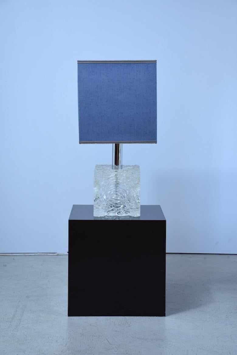 Swiss Table Lamp with Silk Screen and Cubic Shaped Glass Base, 1950, Switzerland For Sale