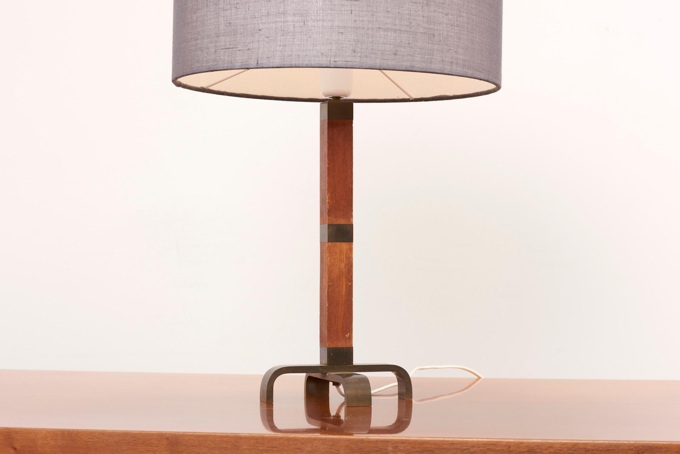 Metal Table Lamp with Wooden Base and Grey Lampshade, 1950s For Sale