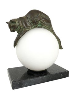 Table Lamp, Equilibre, Cat on Glass Ball, by Gaillard, Original Max Le Verrier