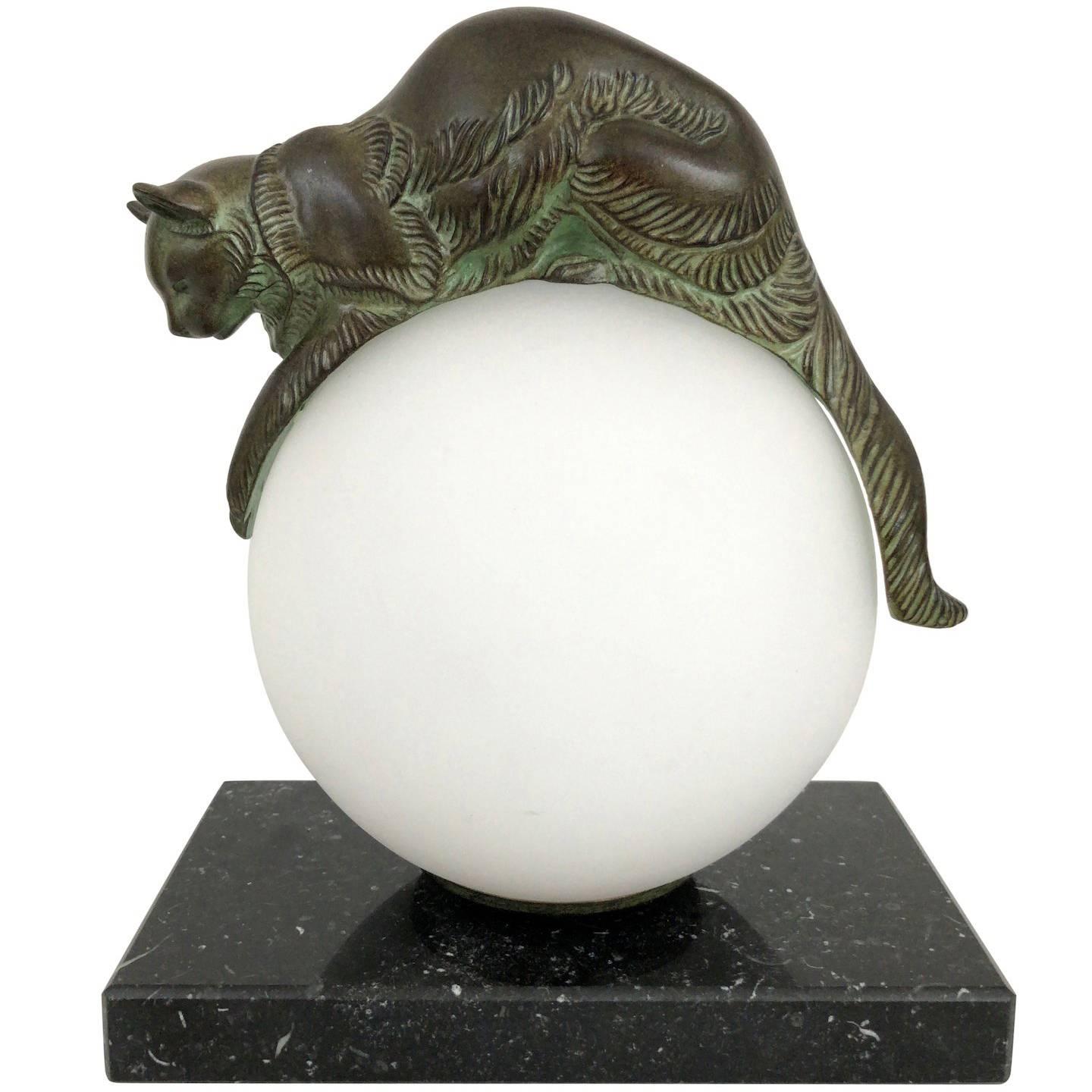 Table Lamp, Equilibre, Cat on Glass Ball, by Gaillard, Original Max Le Verrier