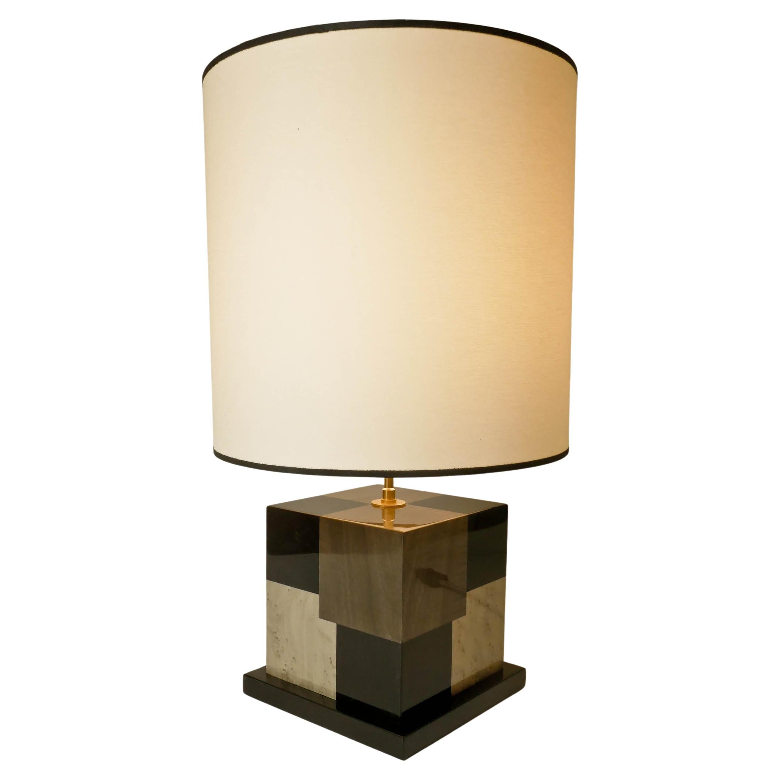 Table Lamp"Cubes" in Black and Grey Tinted Wood Marquetry by Aymeric Lefort For Sale