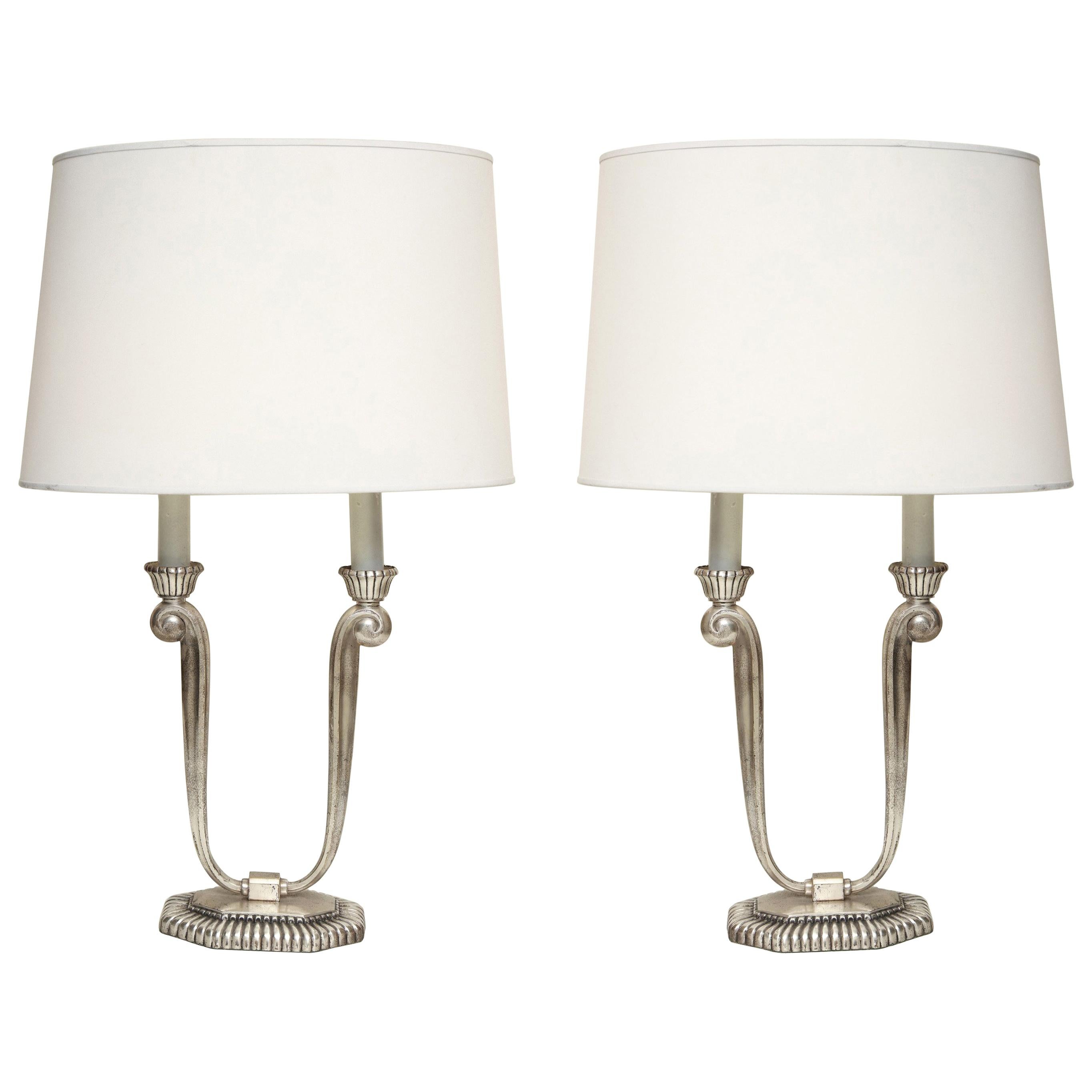 Table Lamps Art Deco Silver Plated, France, 1920s For Sale