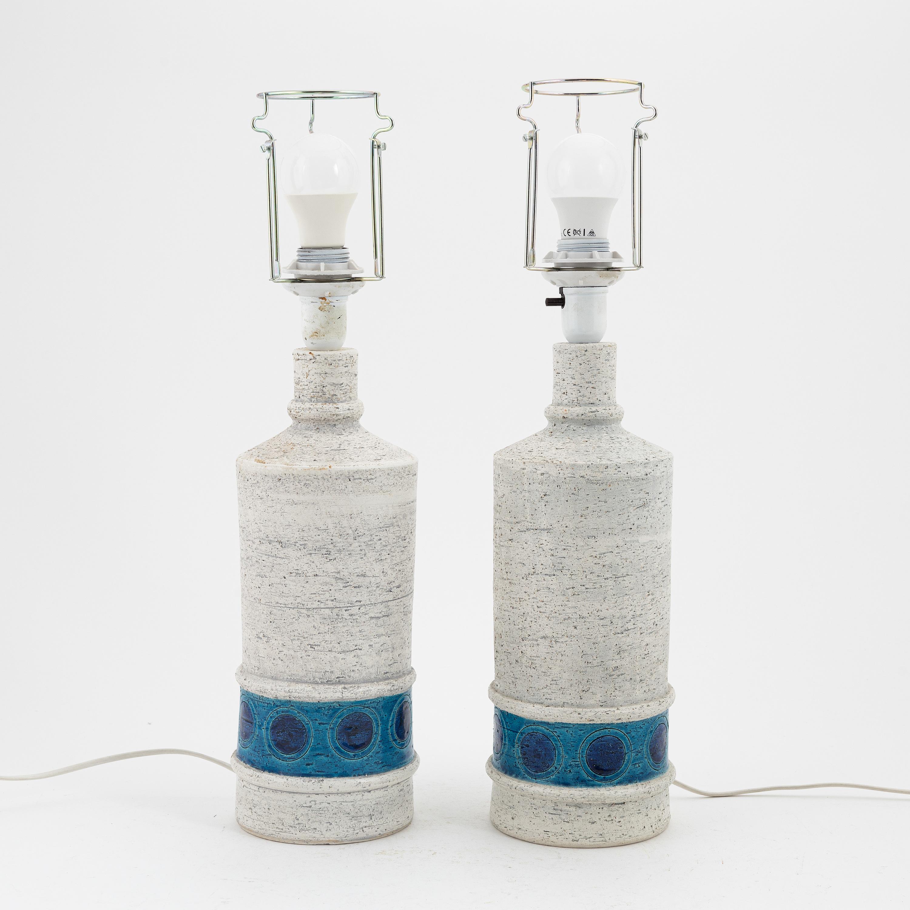 Swedish Table Lamps by Aldo Bondi for Bitossi a Pair Turquoise and White Ceramic, 1960