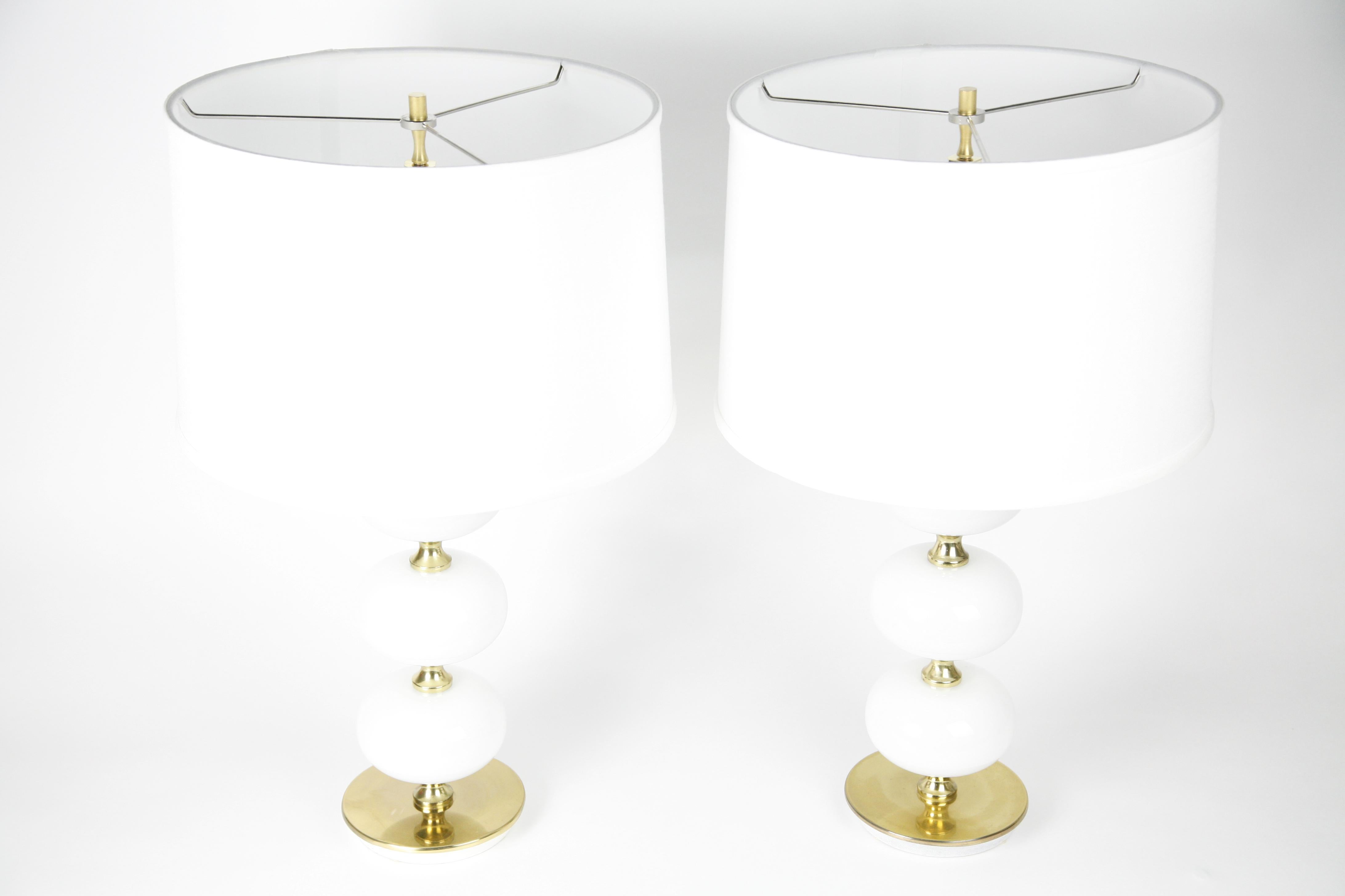 Mid-Century Modern Table Lamps by Stilarmatur Tranås Opaline Glass, Brass Bases, Sweden, 1970 For Sale