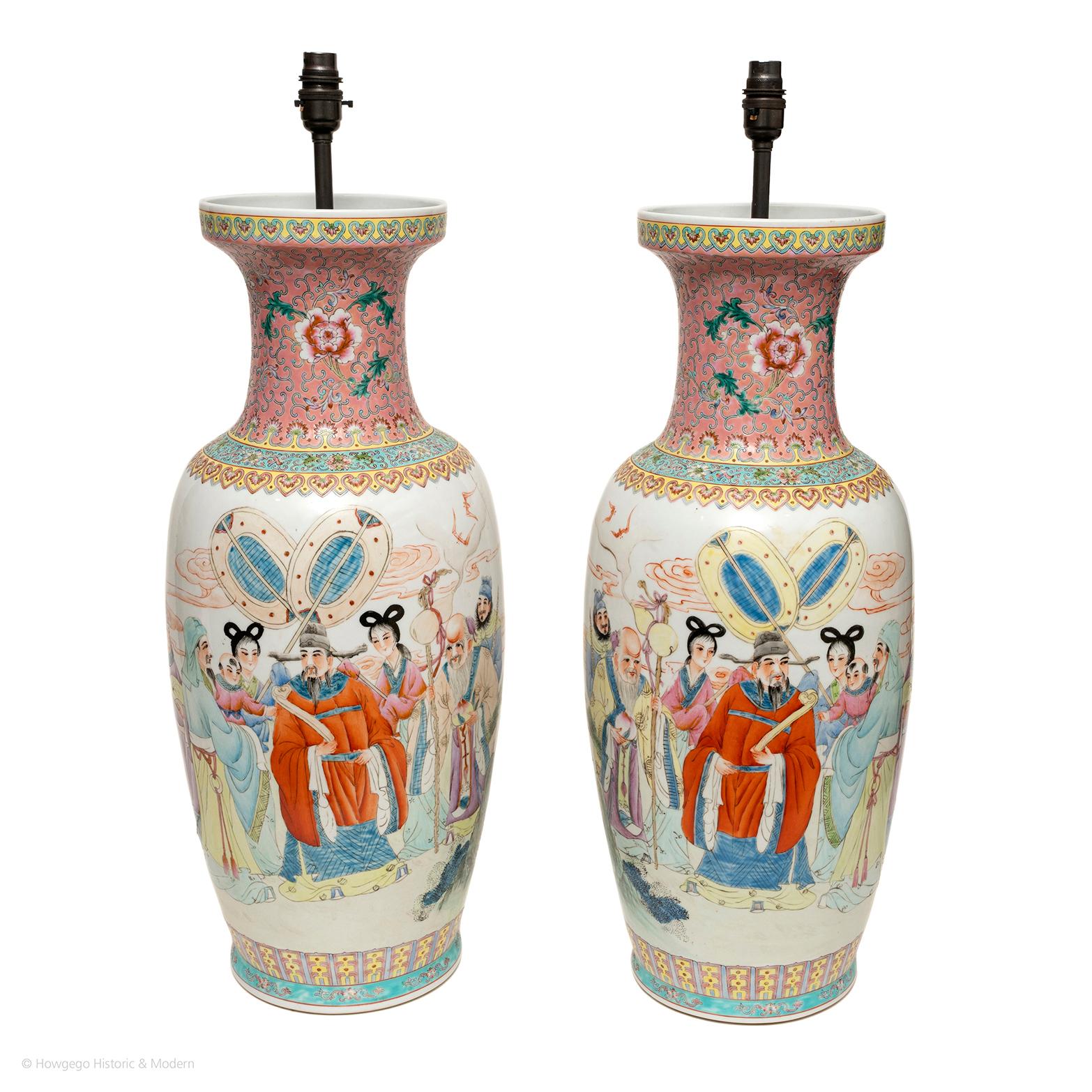 MASSIVE, PAIR OF VINTAGE, CHINOISERIE, PORCELAIN VASES, UPCYCLED INTO TABLE LAMPS, 70cm., 27½” high
The massive size is softened by the pastel shades of pink, yellow, blue, green.
The form of the vases is fluid and soft.
Painted with a ceremony