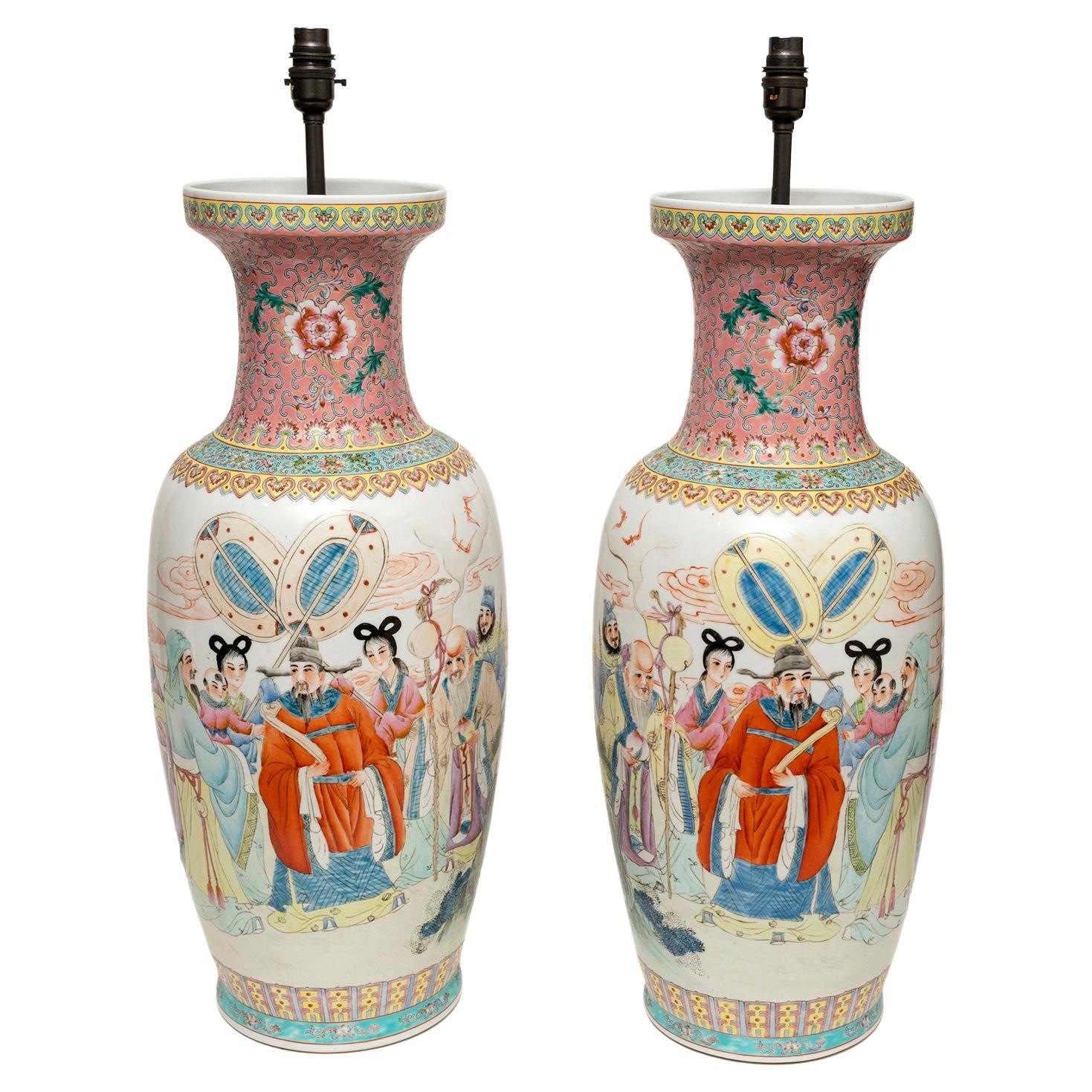 Table Lamps Chinoiserie Porcelain Vases Pair Elecrified For Sale