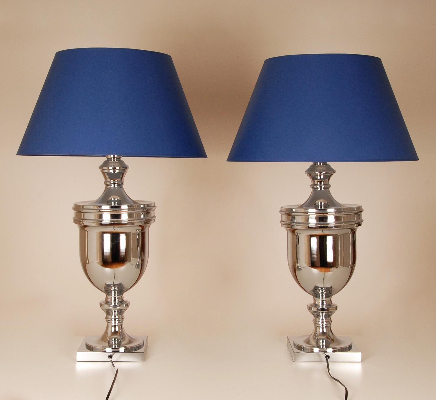 Mid-Century Modern Table Lamps Chrome Silver Royal Blue Modern Tall High End Table Lamps a pair