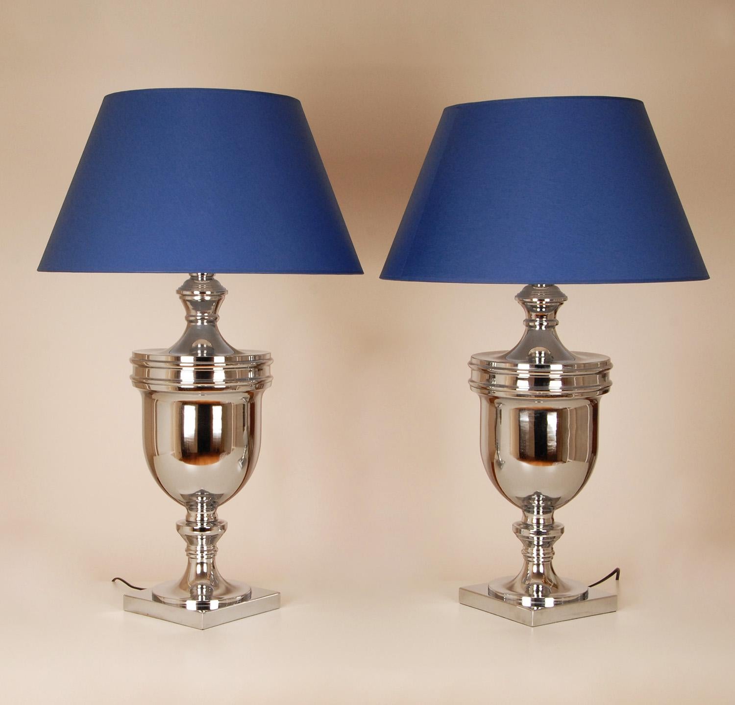 French Table Lamps Chrome Silver Royal Blue Modern Tall High End Table Lamps a pair