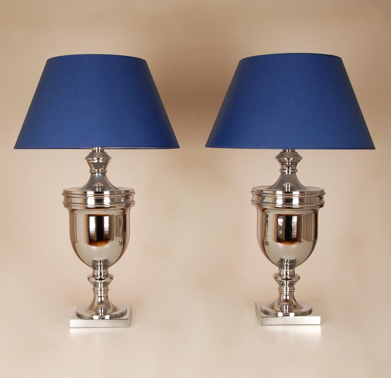 Table Lamps Chrome Silver Royal Blue Modern Tall High End Table Lamps a pair In Good Condition In Wommelgem, VAN