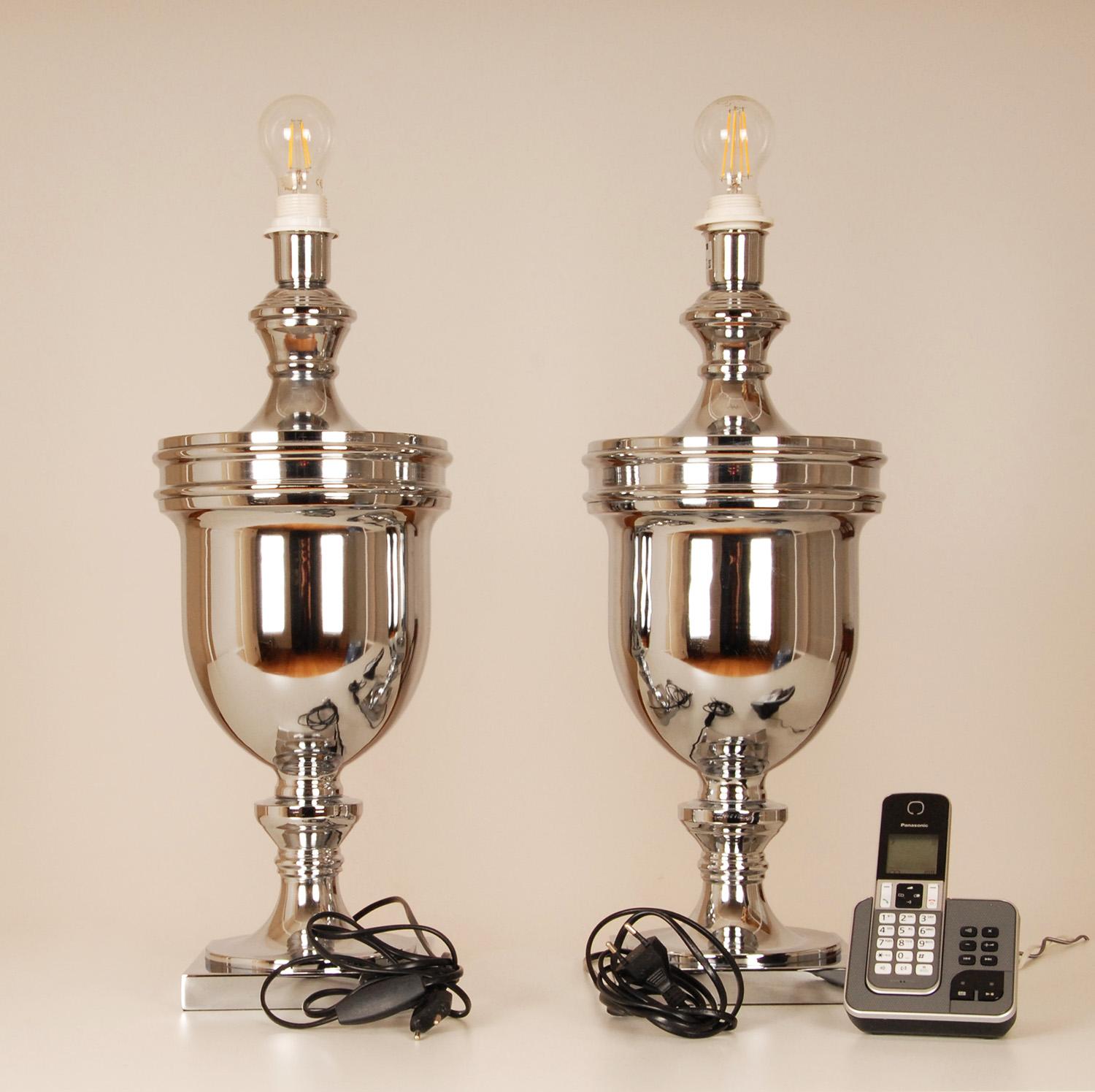 Tischlampen, Chrom, Silber, Königsblau, Moderne, hohe Tischlampen, Paar (Stoff)
