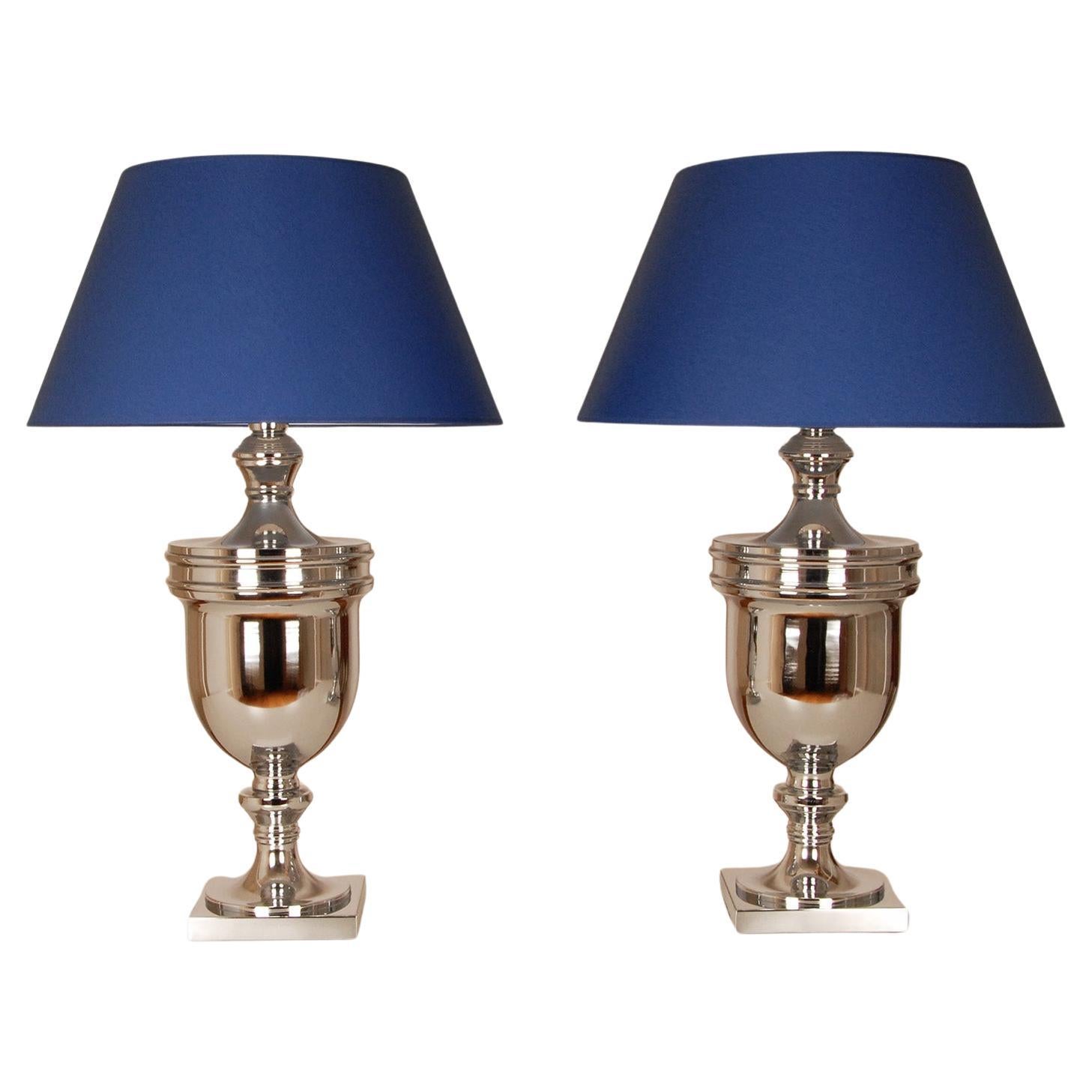 Tischlampen, Chrom, Silber, Königsblau, Moderne, hohe Tischlampen, Paar