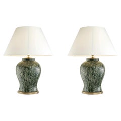 Table Lamps, Green Ceramic With An Antique Brass Finish, Jungle Botanical Style.