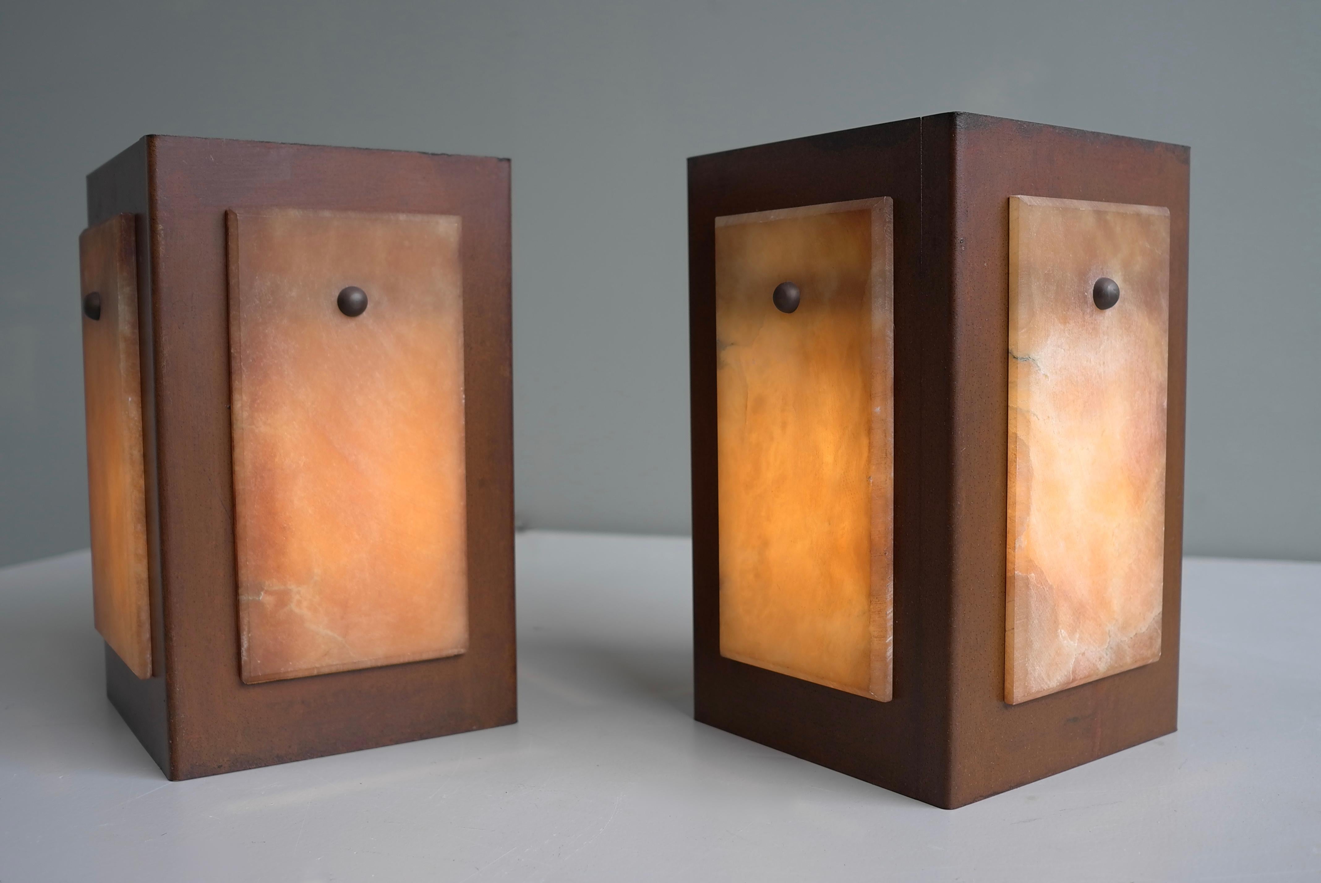 Table Lamps in Alabaster Stone and Rusty Metal, by Pegasam, Spain 1970s For Sale 5