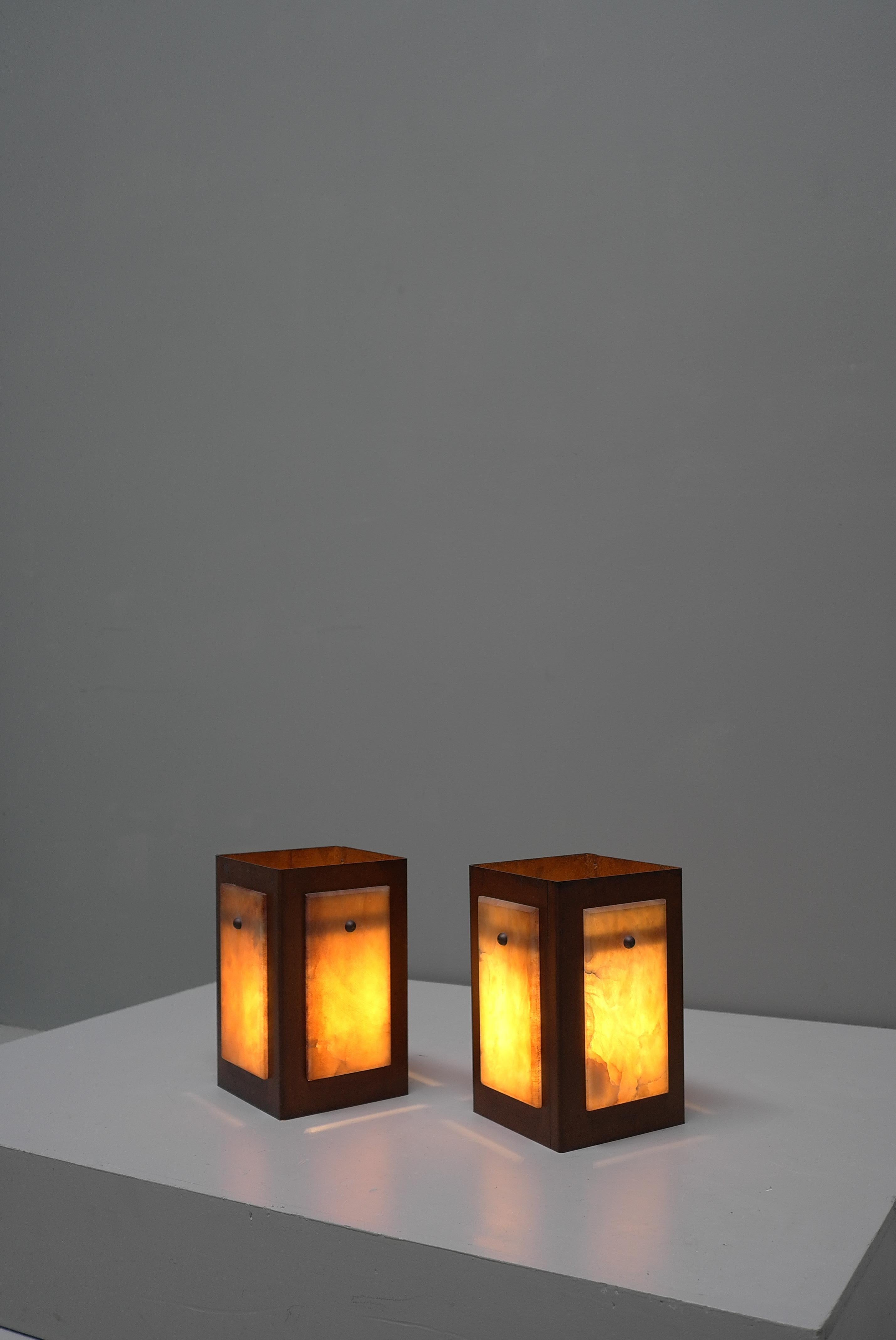 Mid-Century Modern Table Lamps in Alabaster Stone and Rusty Metal, by Pegasam, Spain 1970s For Sale