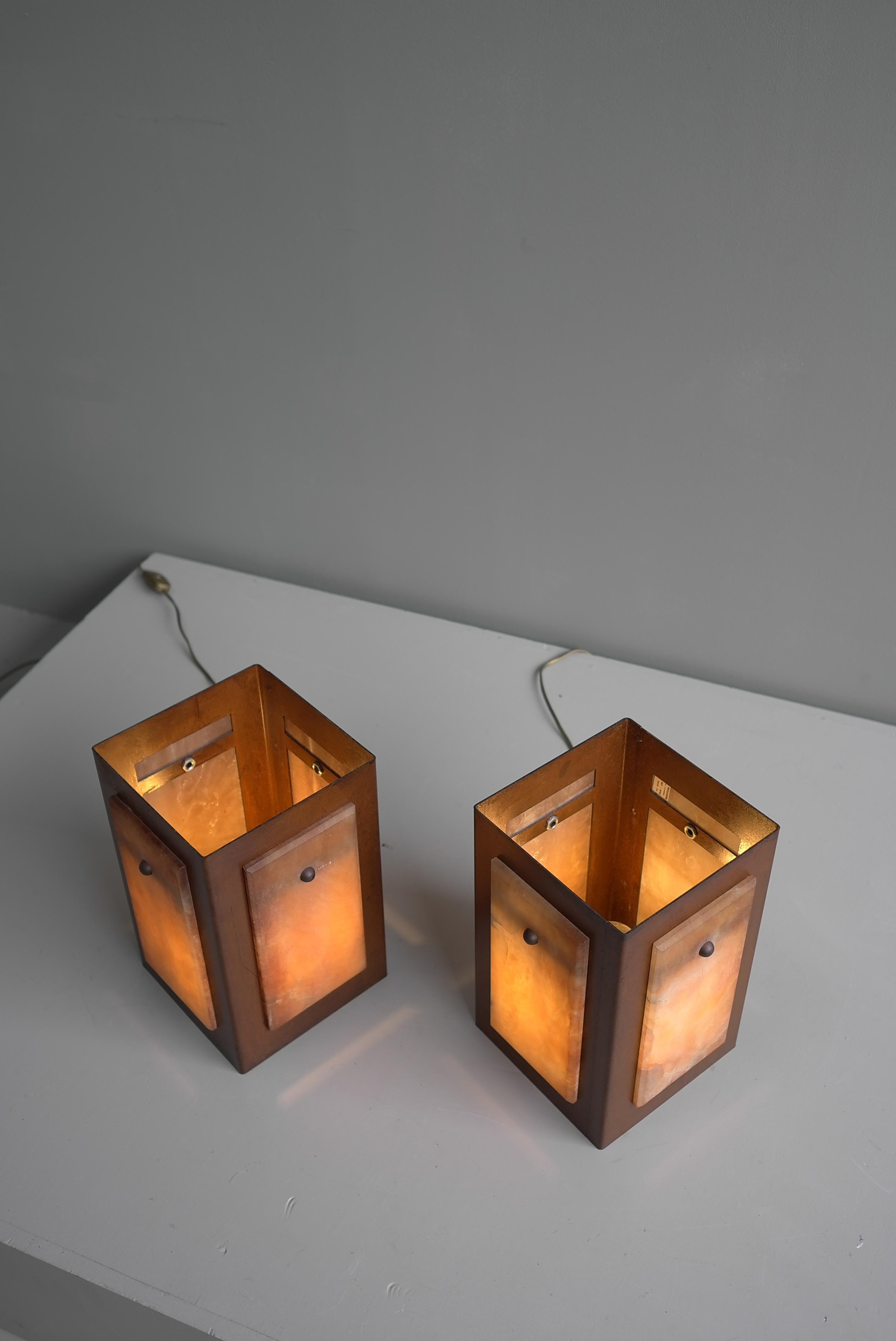 Spanish Table Lamps in Alabaster Stone and Rusty Metal, by Pegasam, Spain 1970s For Sale