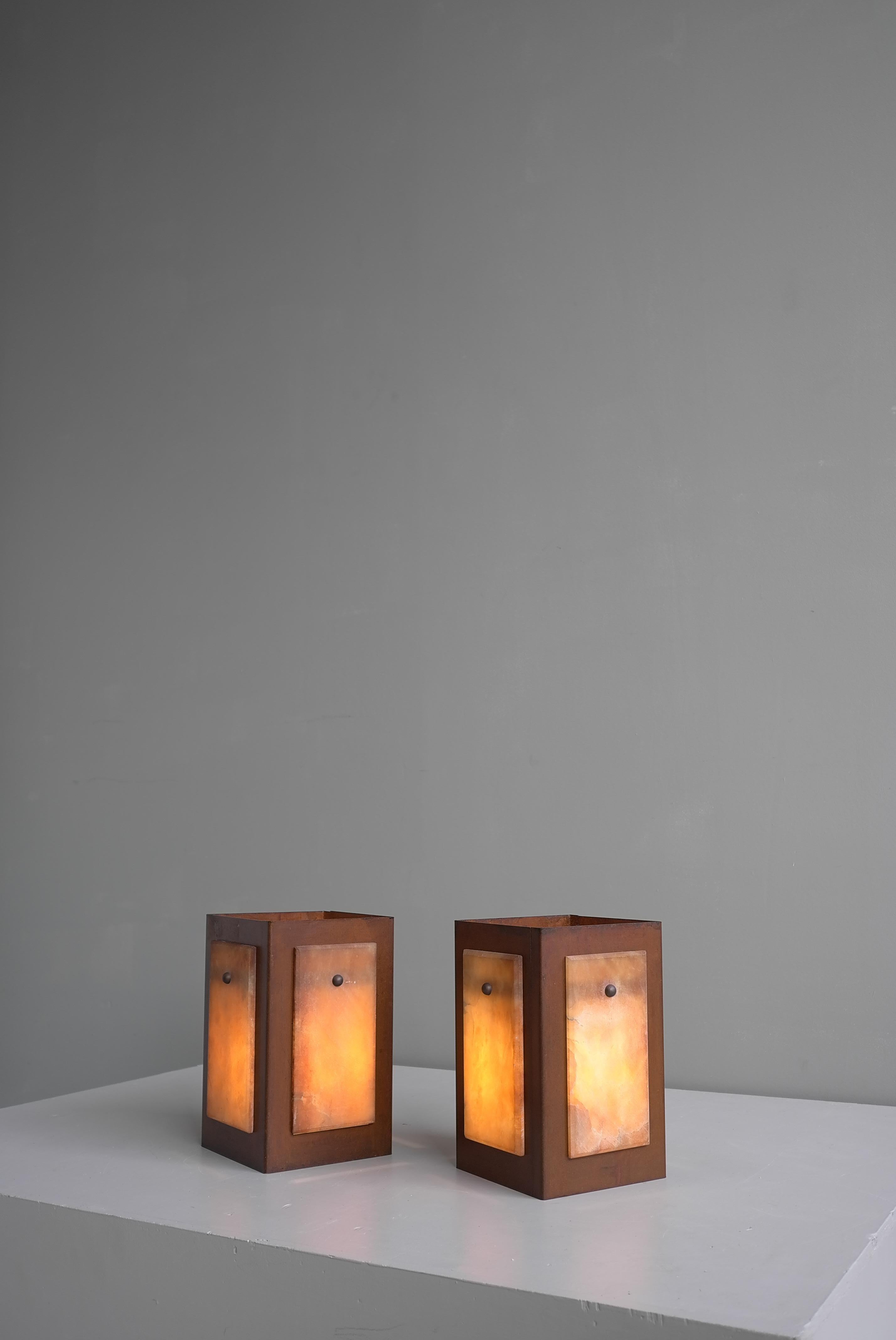 Table Lamps in Alabaster Stone and Rusty Metal, by Pegasam, Spain 1970s In Good Condition For Sale In Den Haag, NL
