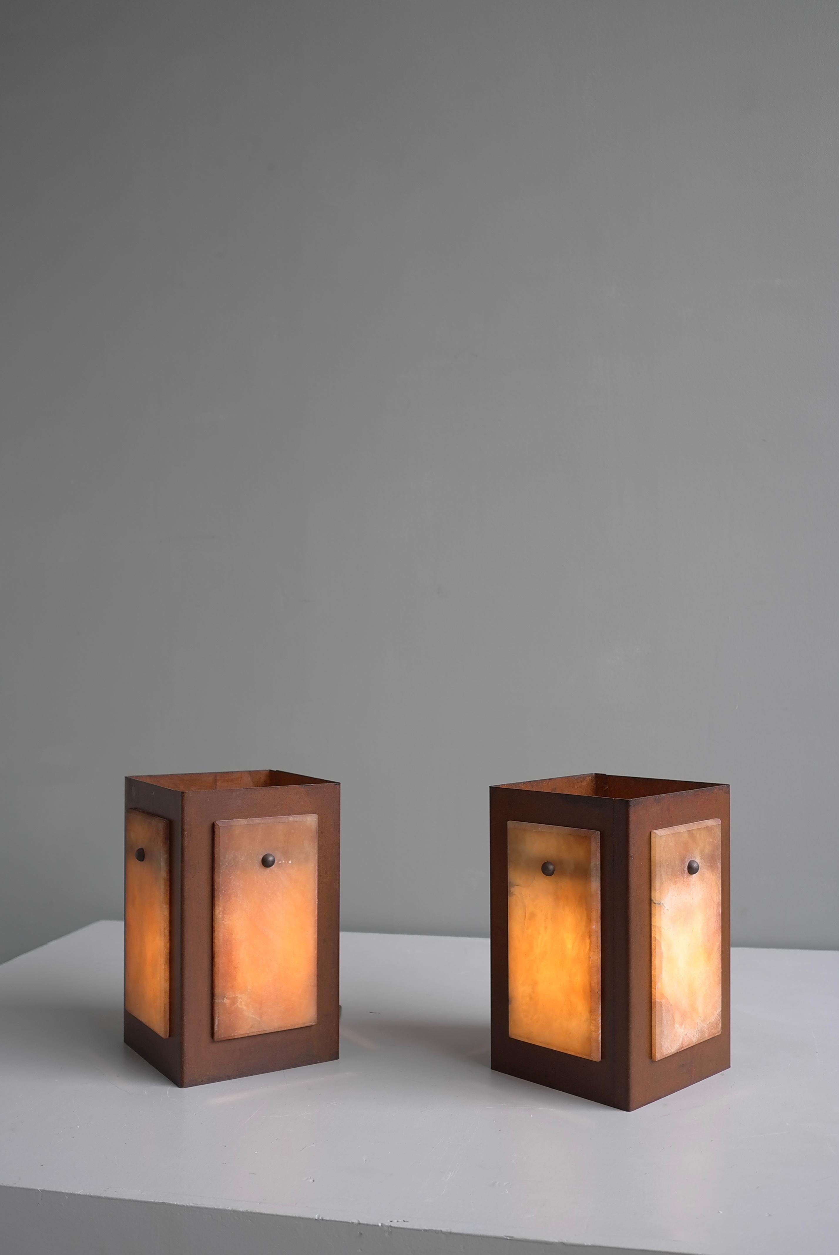 Table Lamps in Alabaster Stone and Rusty Metal, by Pegasam, Spain 1970s For Sale 2