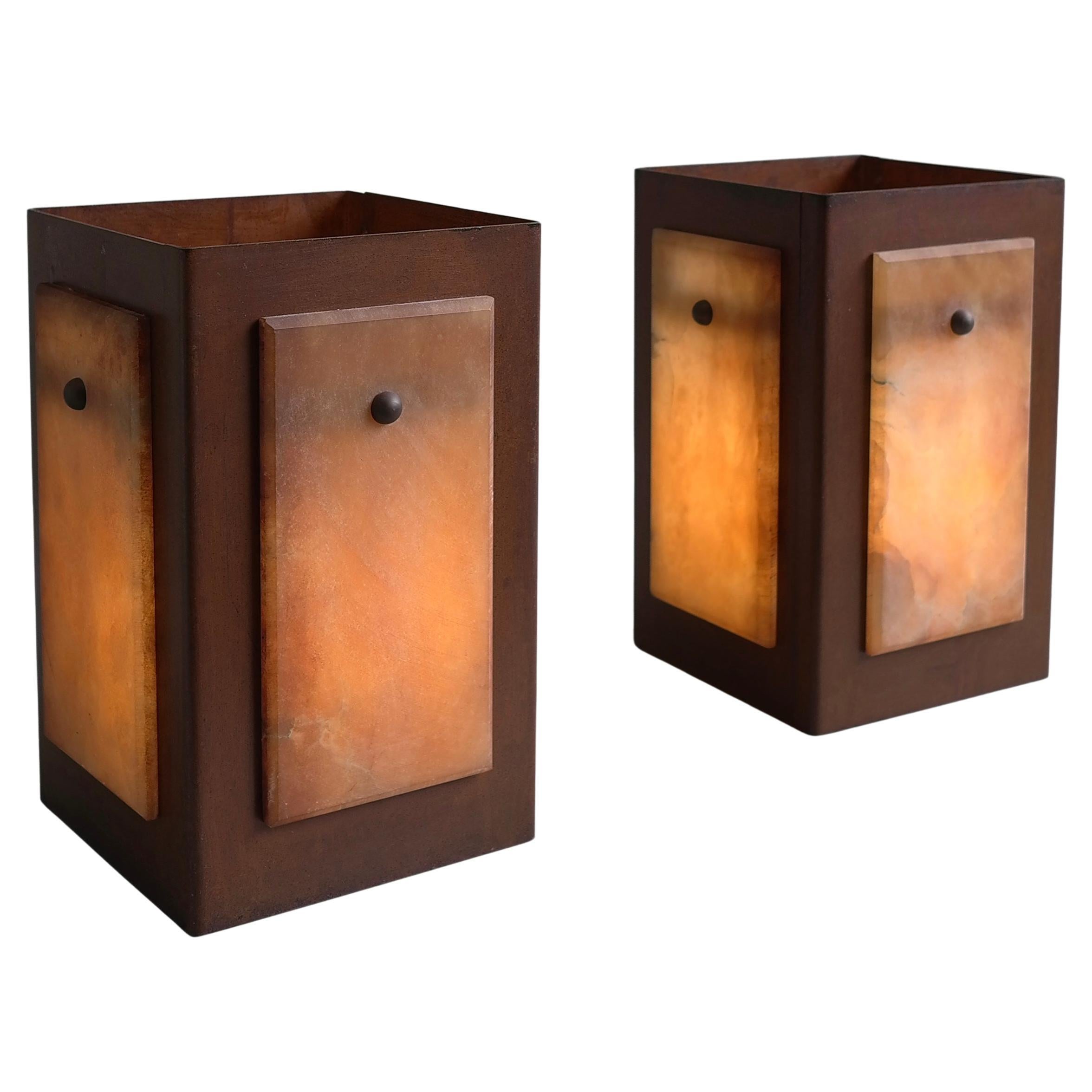 Table Lamps in Alabaster Stone and Rusty Metal, by Pegasam, Spain 1970s For Sale