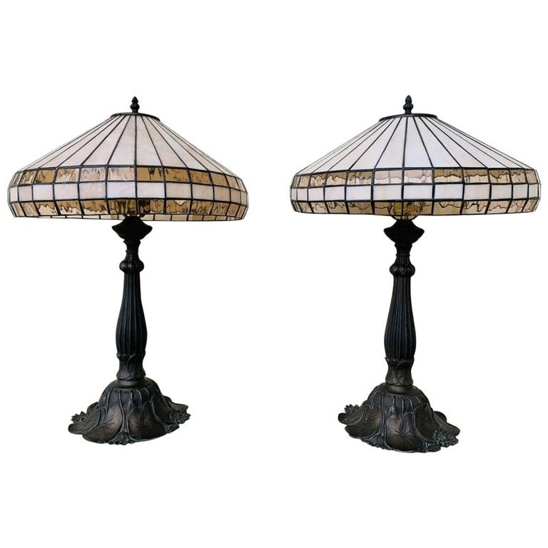 Table Lamps In Bronze And Stained Glass, Bronze Stained Glass Table Lamp Shades